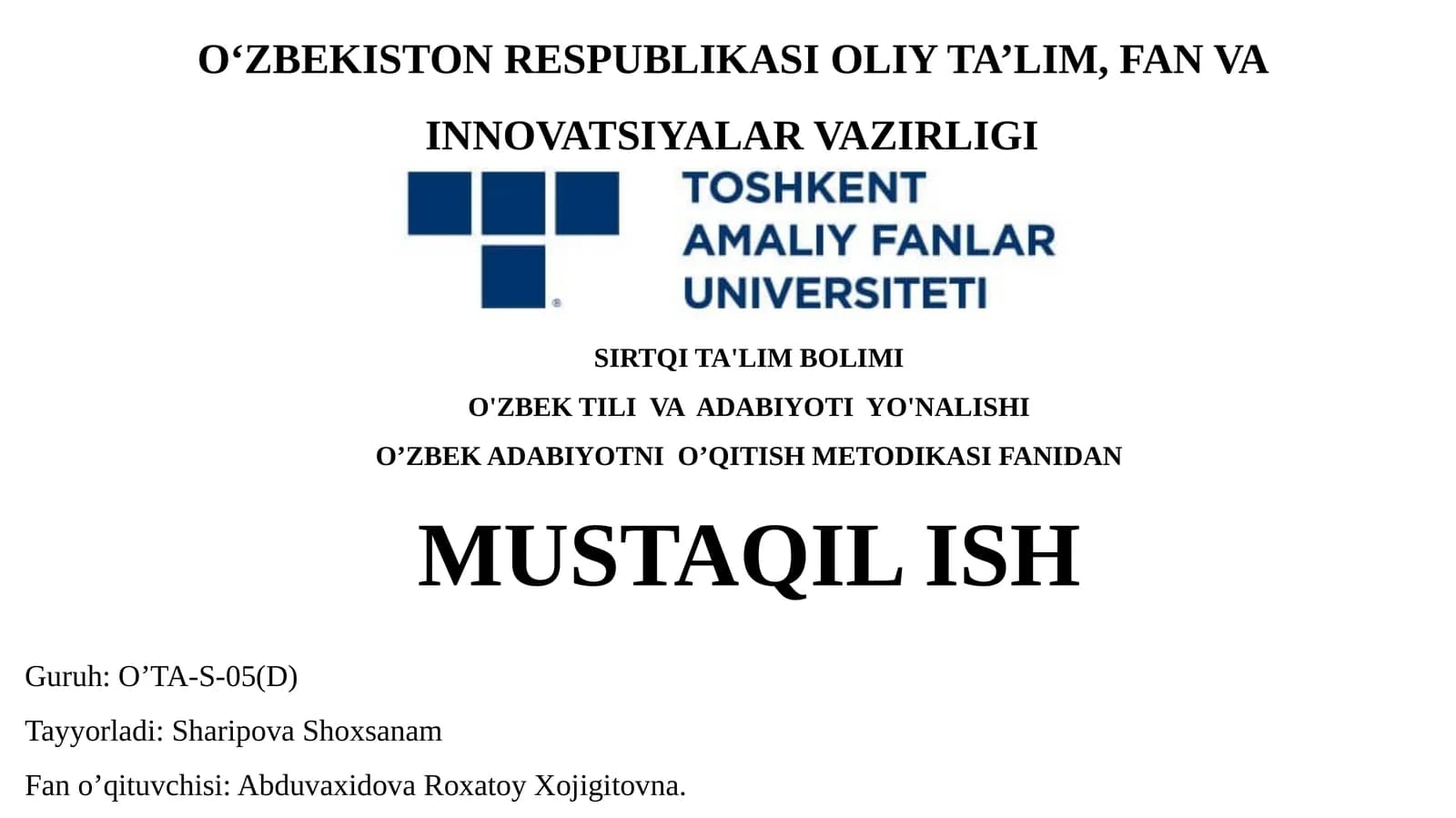O’zbek adabiyotni O’qitish metodikasi