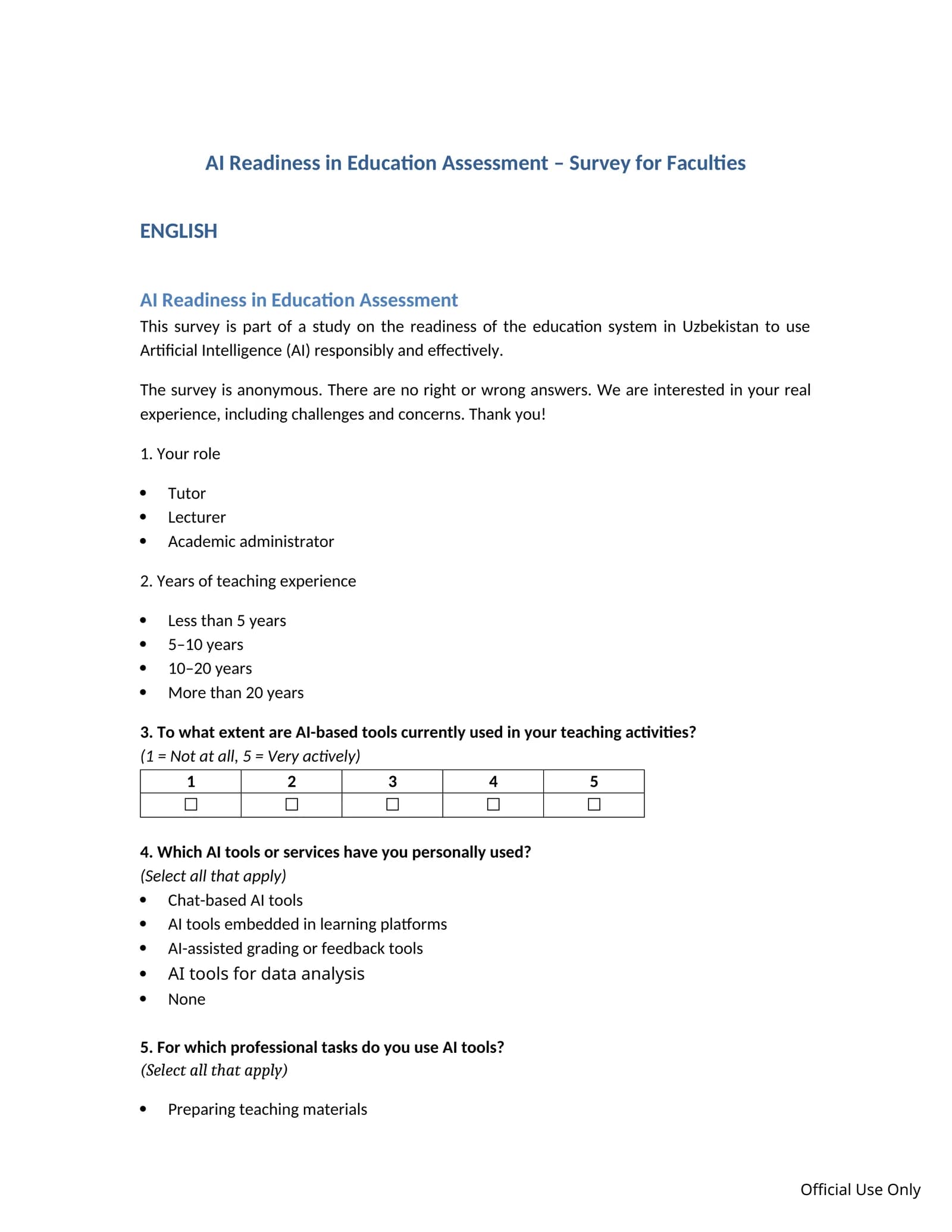 AI Readiness in Education Assessment – Survey for Faculties