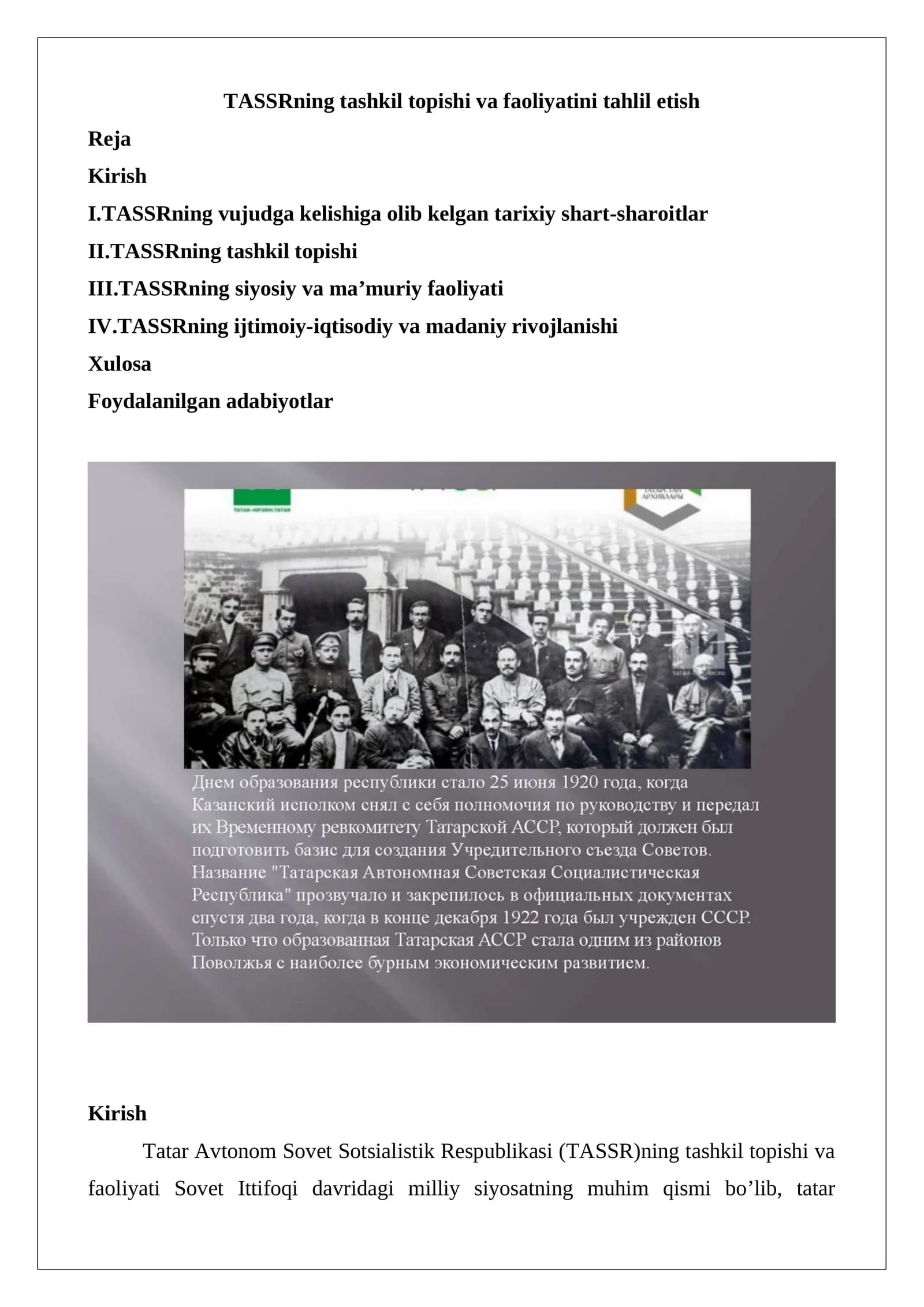 TASSRning tashkil topishi va faoliyatini tahlil etish