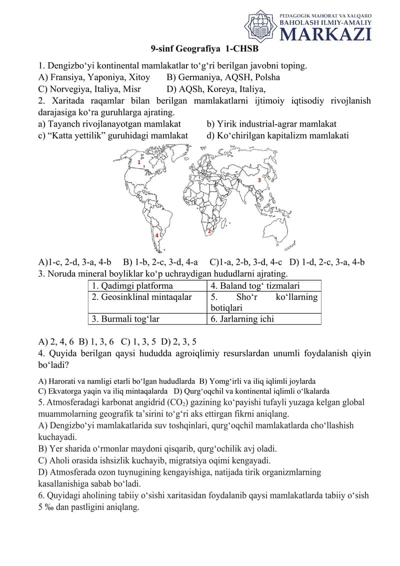 9 sinf geografiya CHSB savollari