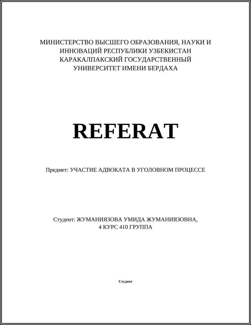 REFERAT. УЧАСТИЕ АДВОКАТА В УГОЛОВНОМ ПРОЦЕССЕ