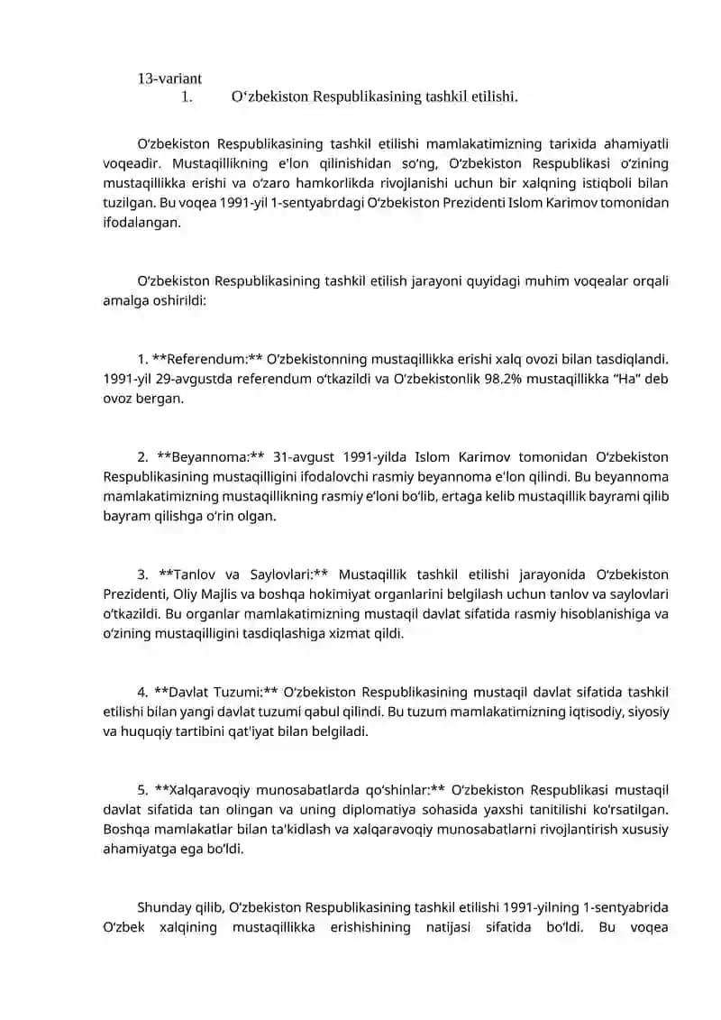 O‘zbekiston Respublikasining tashkil etilishi