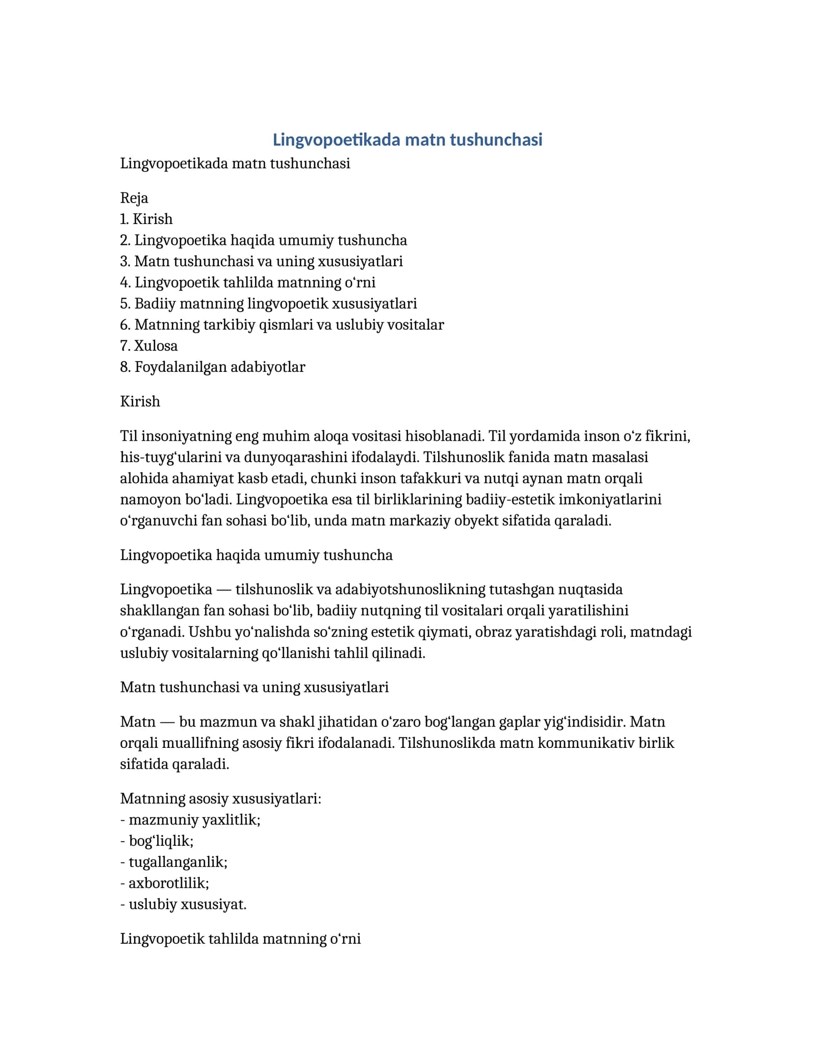 Lingvopoetikada matn tushunchasi