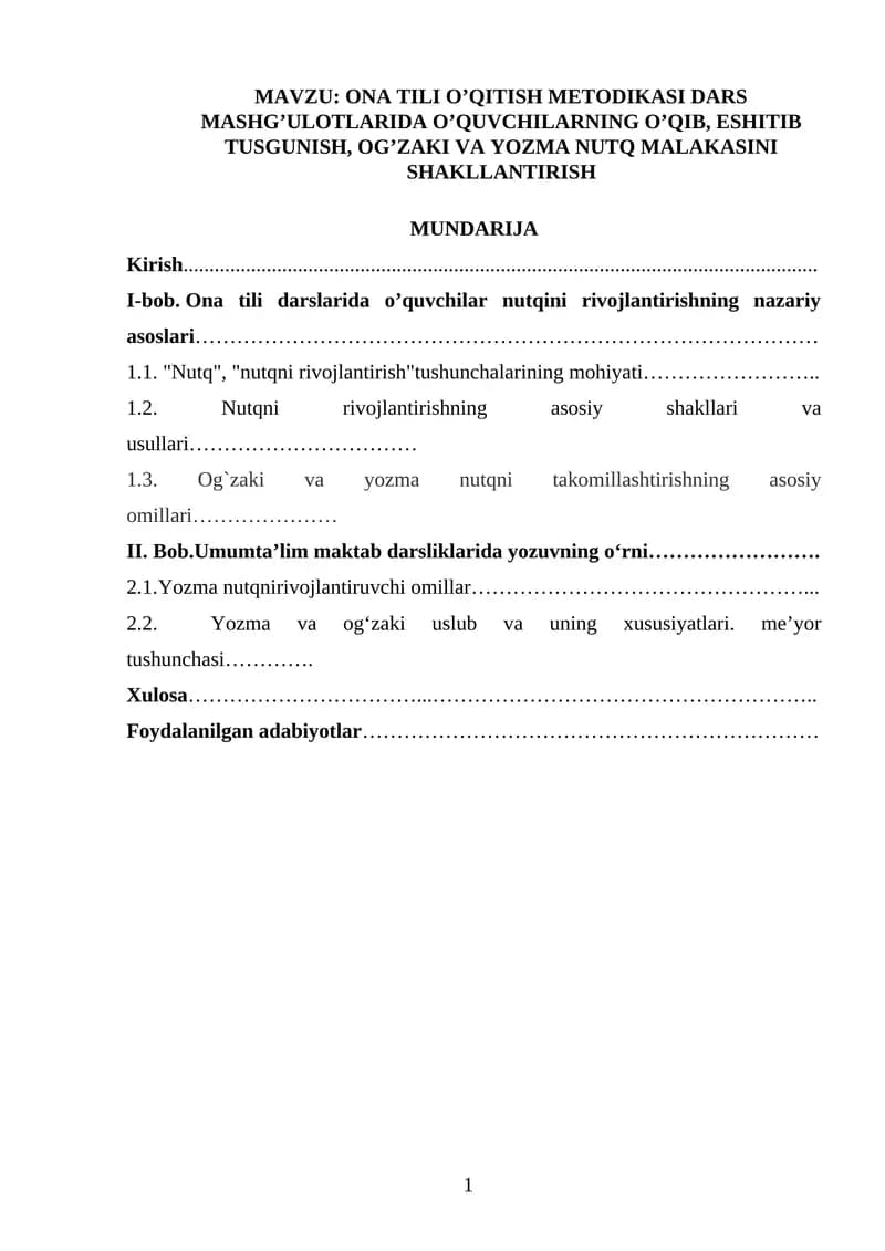 ONA TILI O’QITISH METODIKASI DARS MASHG’ULOTLARIDA O’QUVCHILARNING O’QIB, ESHITIB TUSGUNISH, OG’ZAKI VA YOZMA NUTQ MALAKASINI SHAKLLANTIRISH