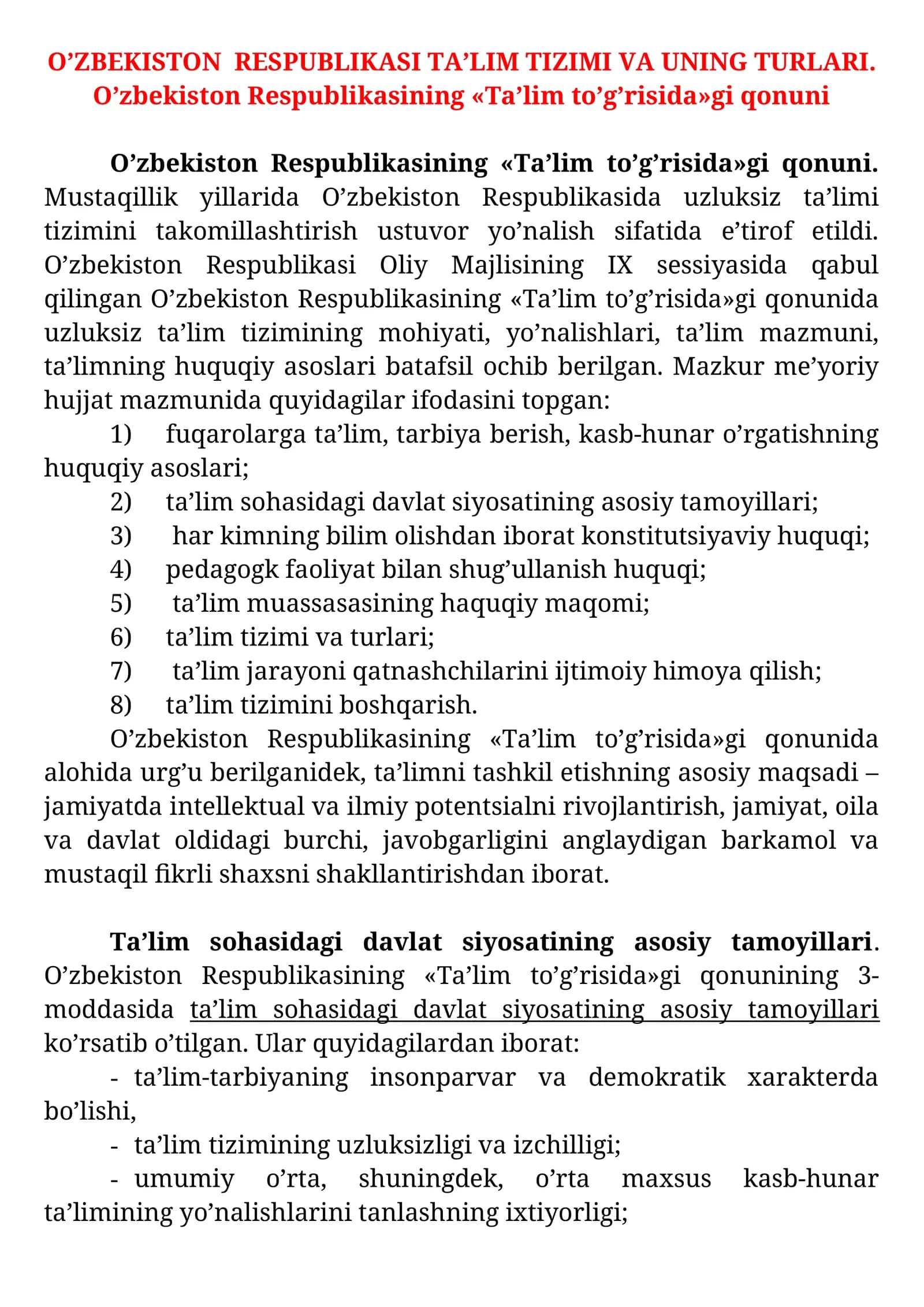 O’zbekiston RESPUBLIKASI TA’LIM TIZIMI VA UNING TURLARI