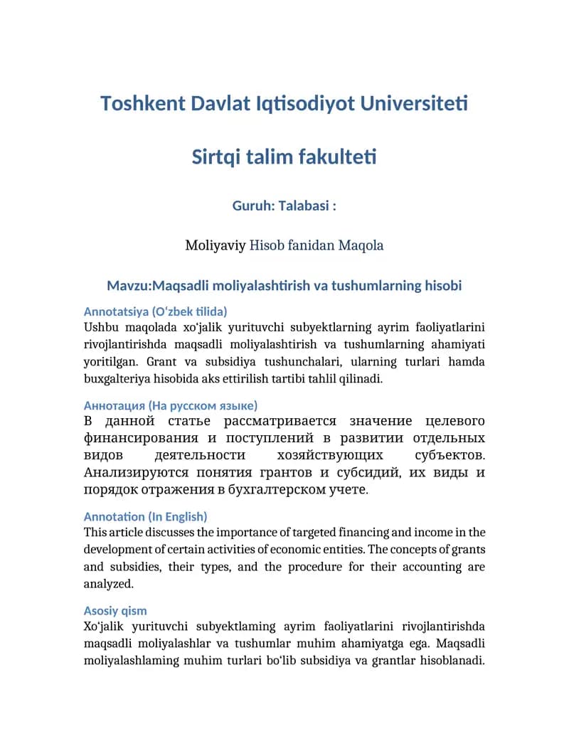 Maqsadli moliyalashtirish va tushumlarning hisobi
