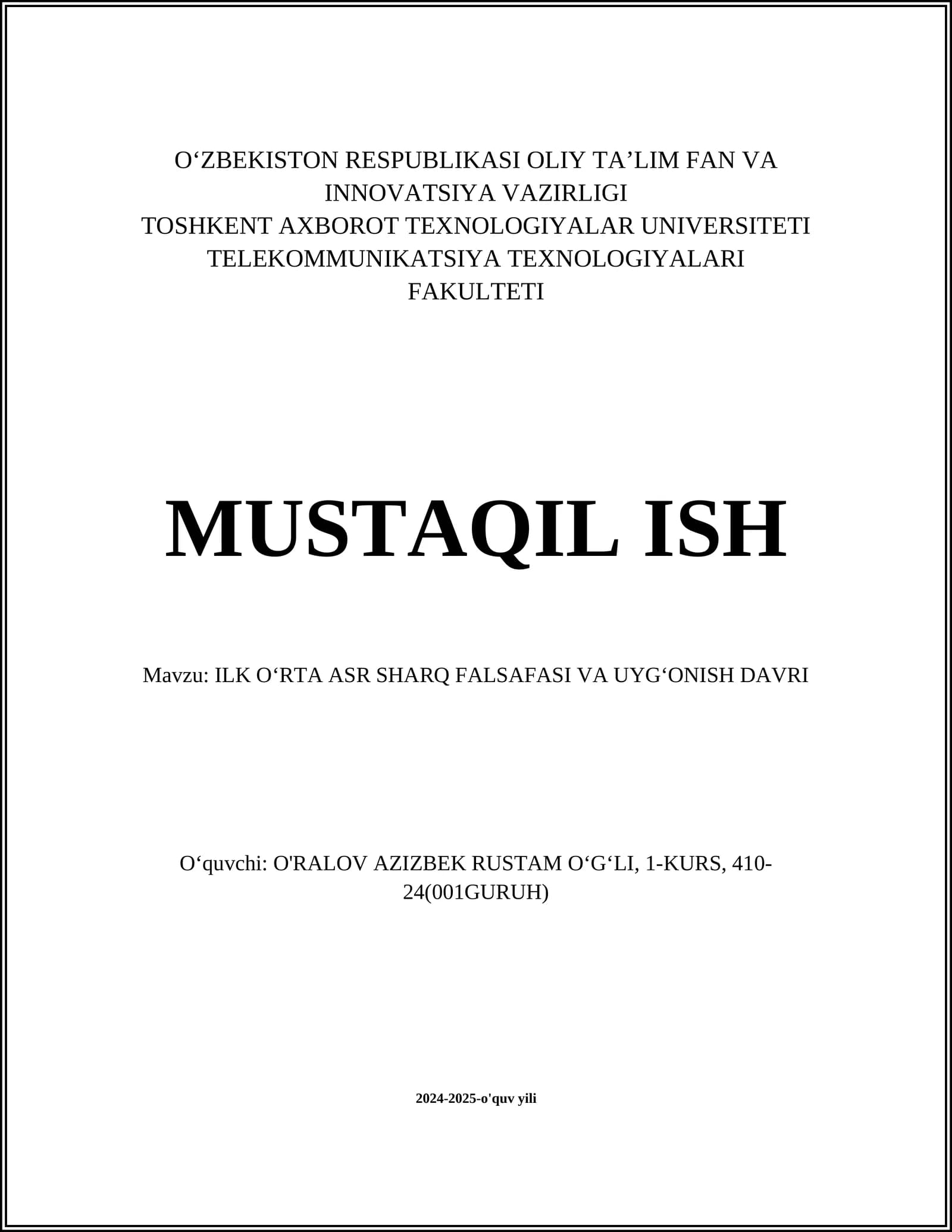 ILK O‘RTA ASR SHARQ FALSAFASI VA UYG‘ONISH DAVRI