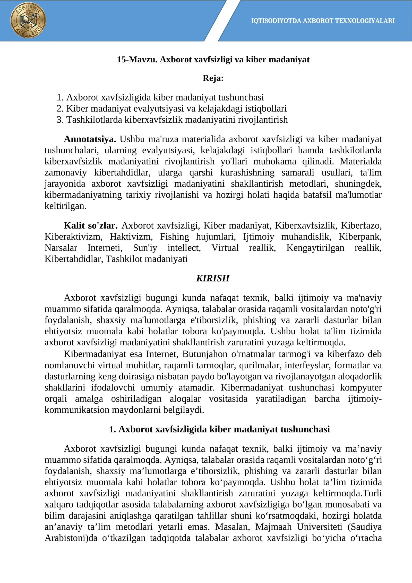 IPTISODIYOTDA AXBOROT TEXNOLOGIYALARI