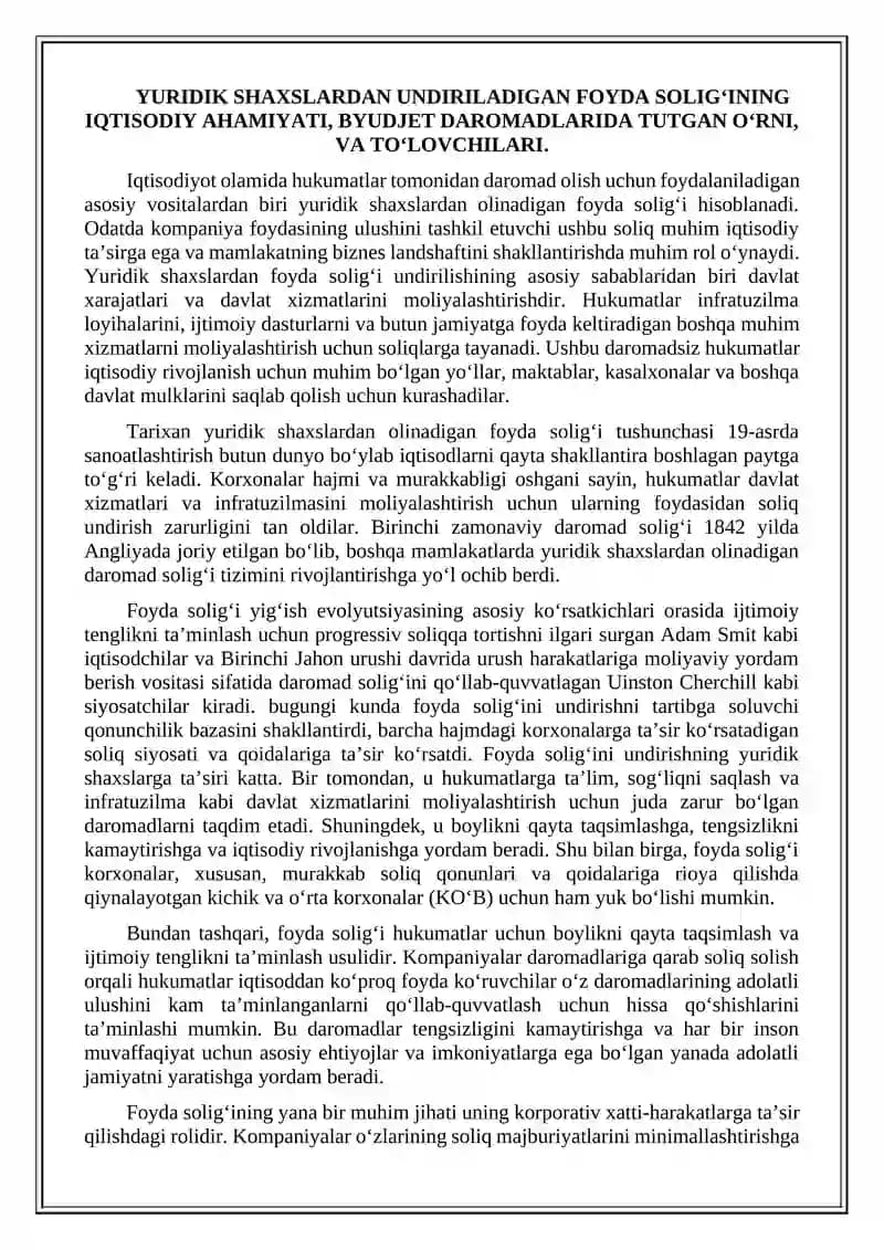 Yuridik shaxslardan olinadigan foyda solig‘i
