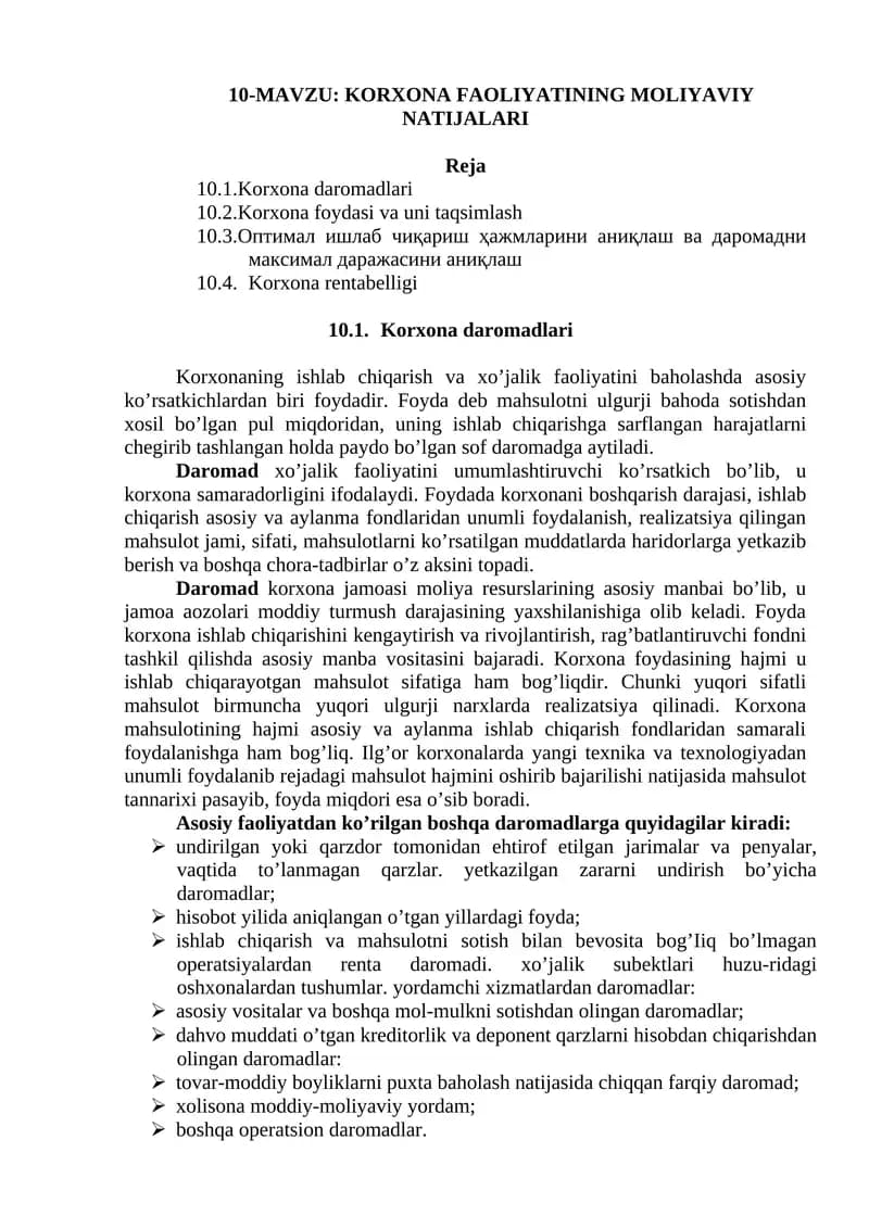 KORXONA FAOLIYATINING MOLIYAVIY NATIJALARI