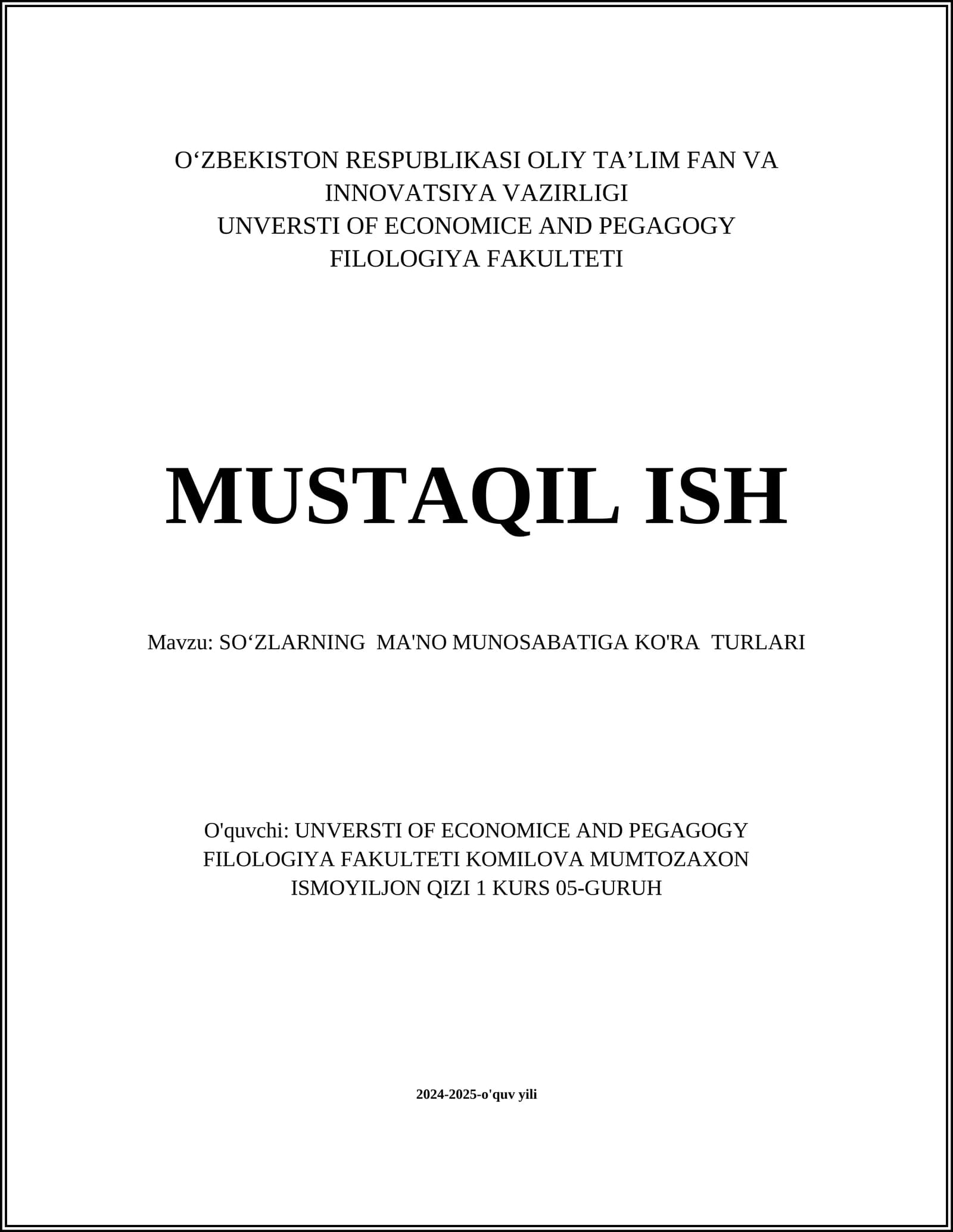 SOʻZLARNING MA'NO MUNOSABATIGA KO'RA TURLARI