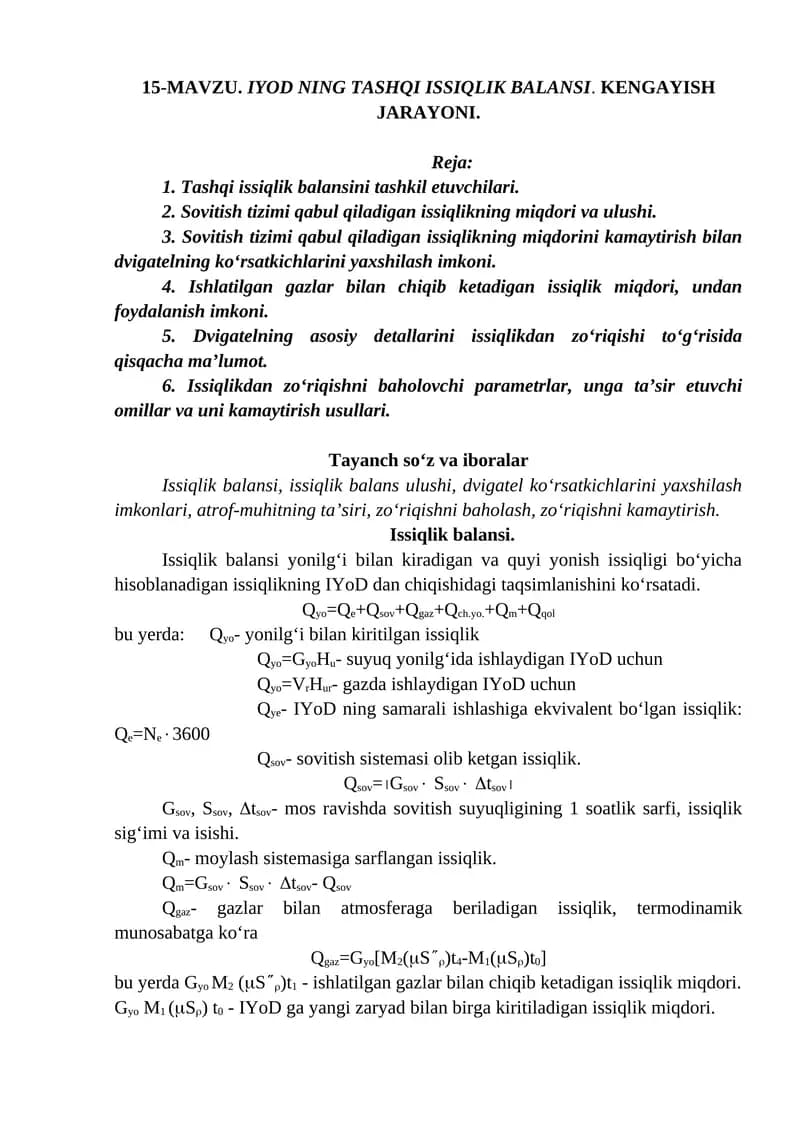 IYOD NING TASHQI ISSIQLIK BALANSI