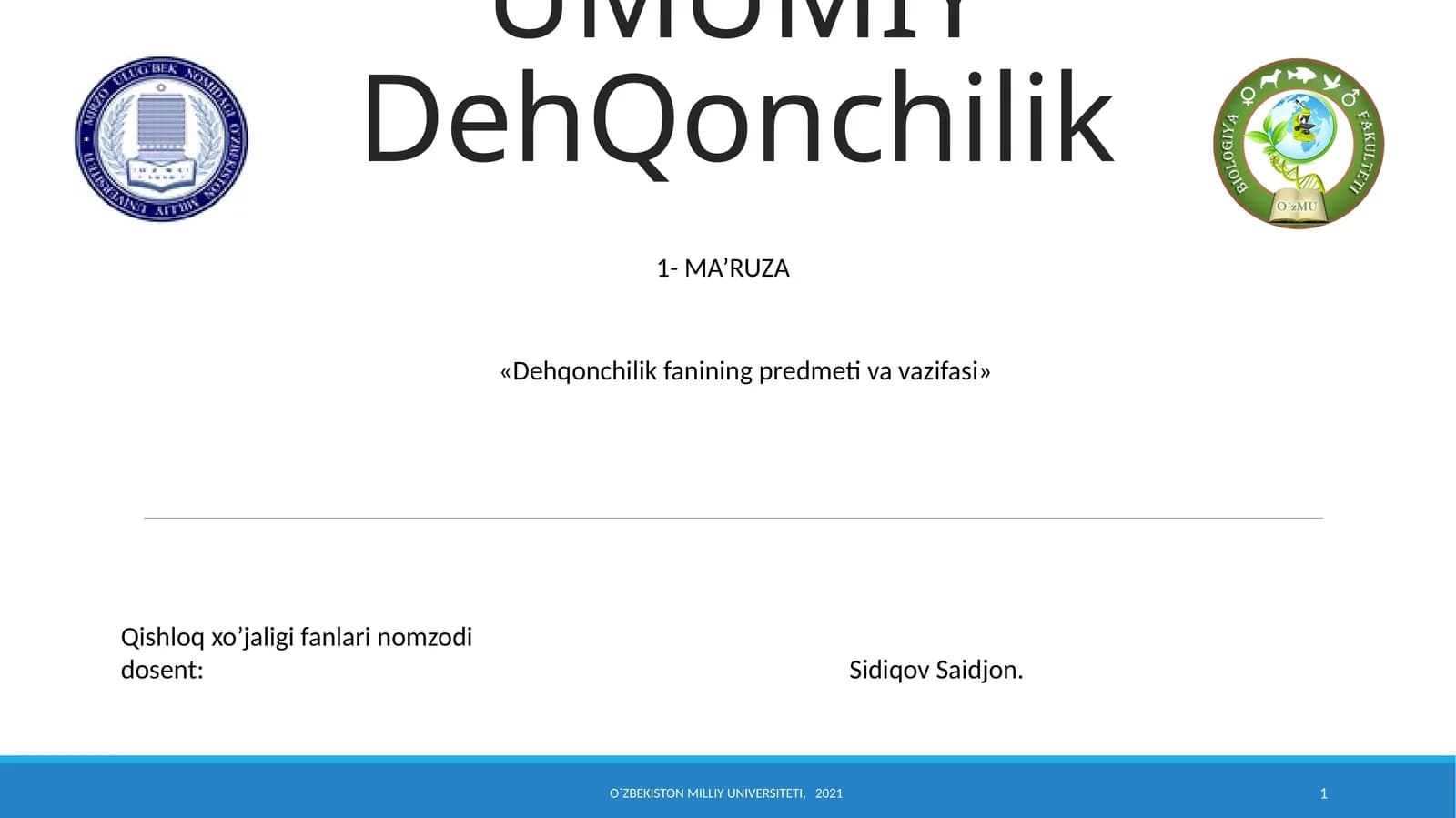 МА’RUZA «Dеhqonchilik fanining prеdmеti va vazifasi»