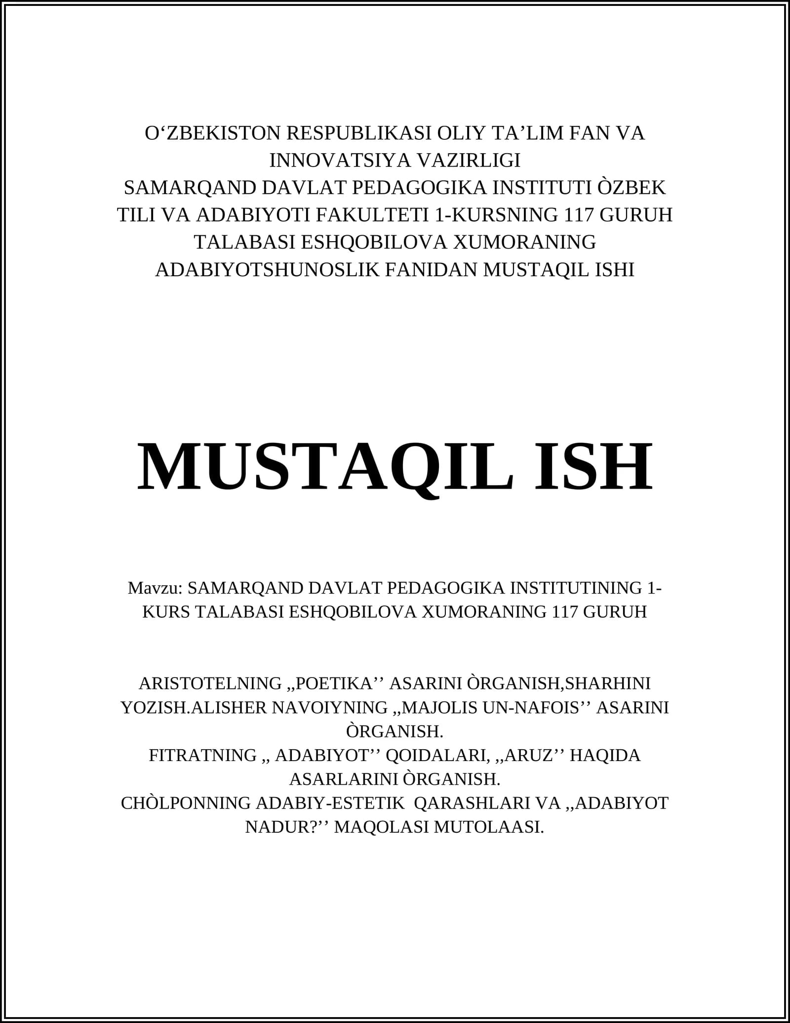 "Poetika" va "Majolis un-nafois" asarlari