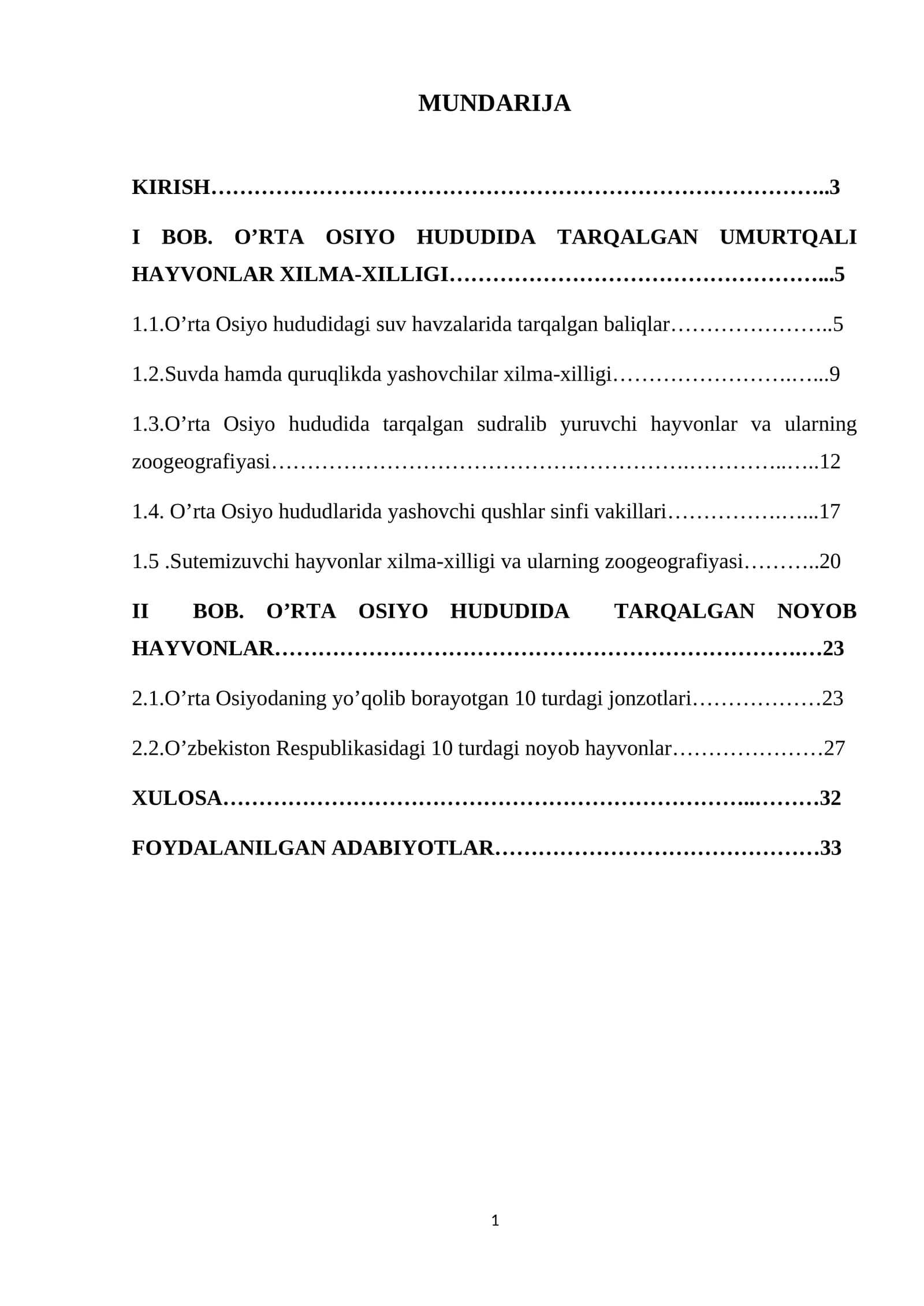 O‘rta Osiyo hududida tarqalgan umurtqali hayvonlar xilma-xilligi