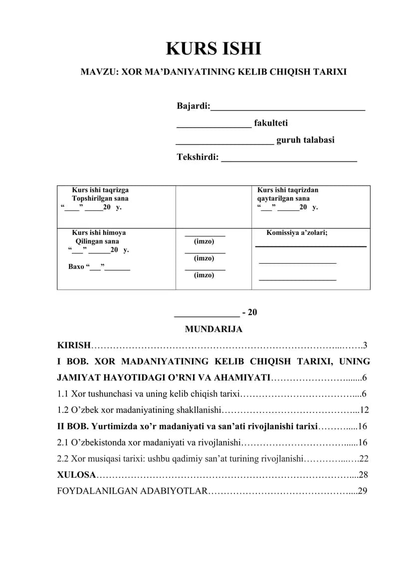 Kurs Ishi "Xor Ma'daniyatining Kelib Chiqish Tarixi"