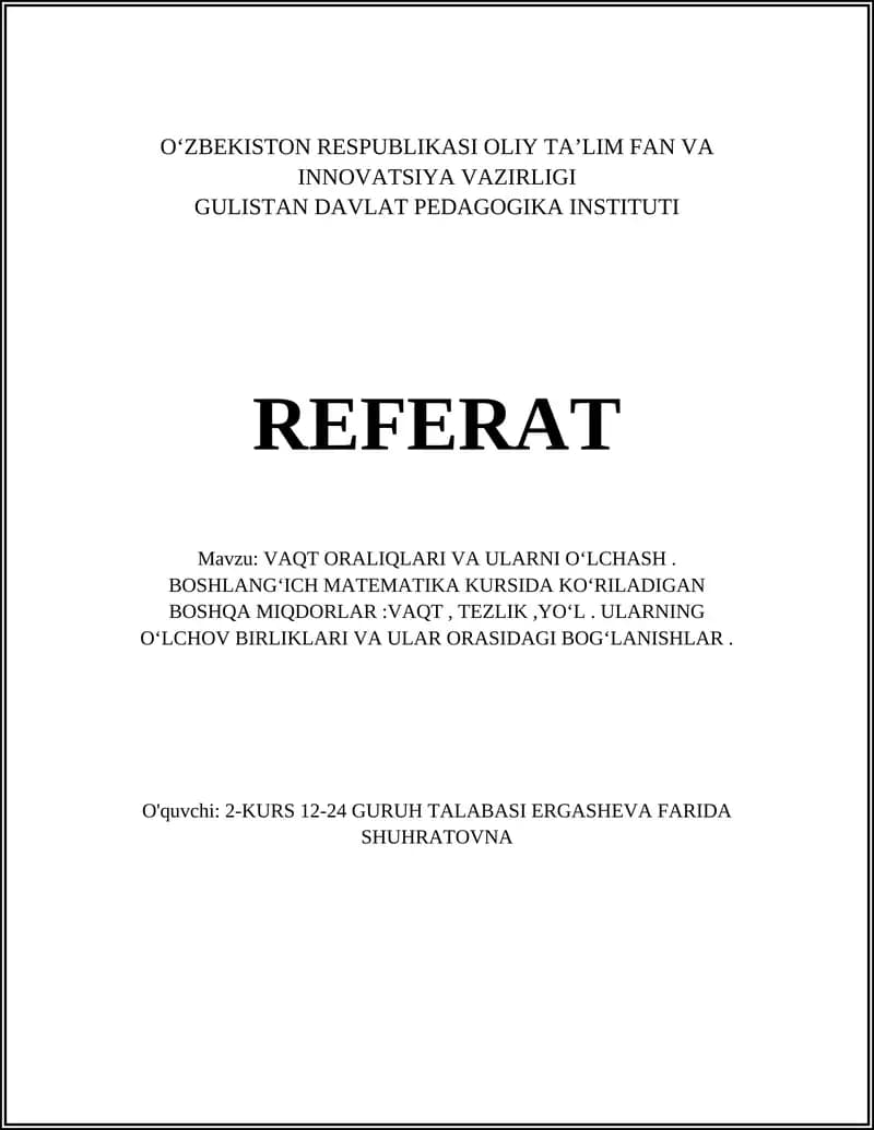VAQT ORALIQLARI VA ULARNI OʻLCHASH