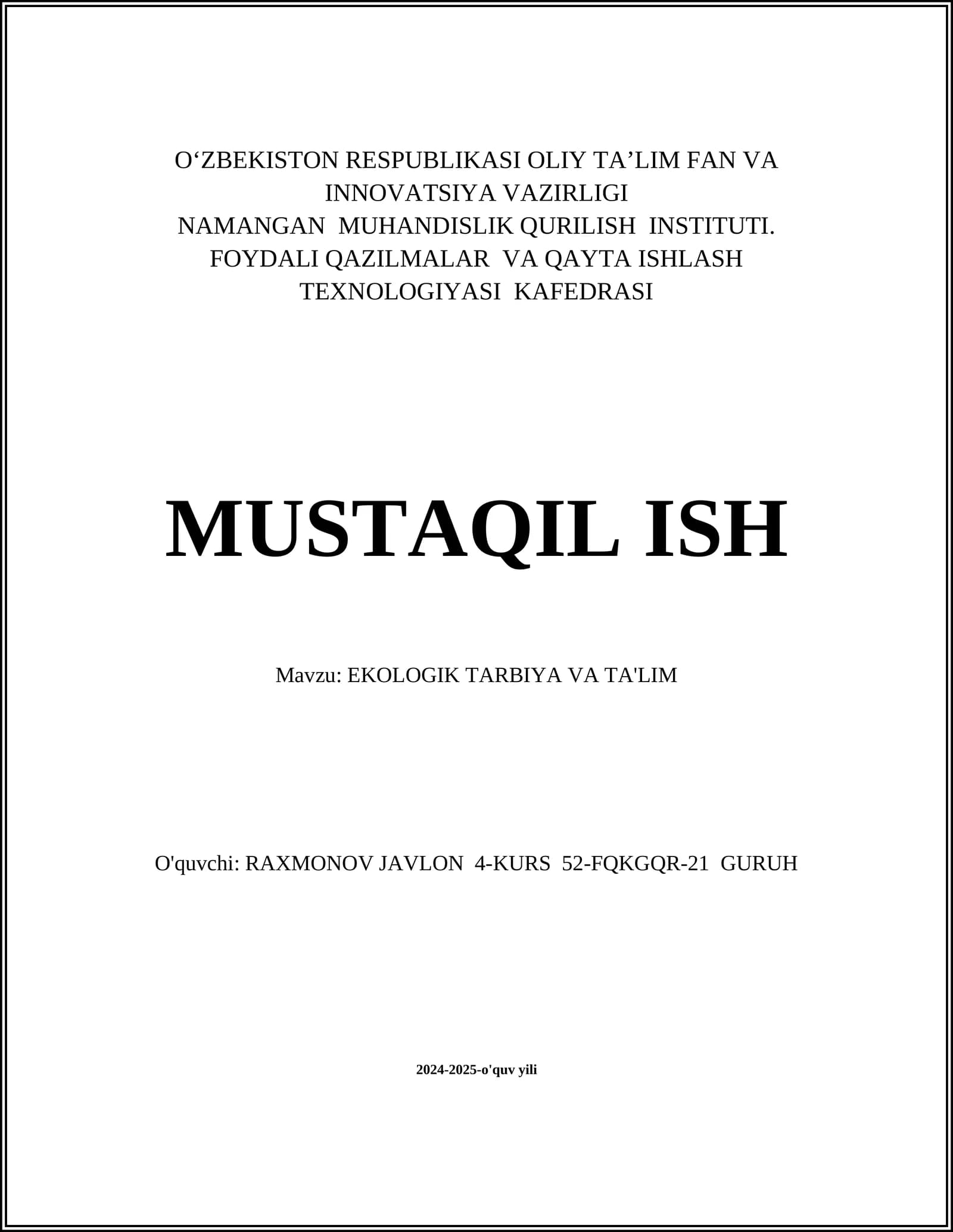 EKOLOGIK TARBIYA VA TA'LIM