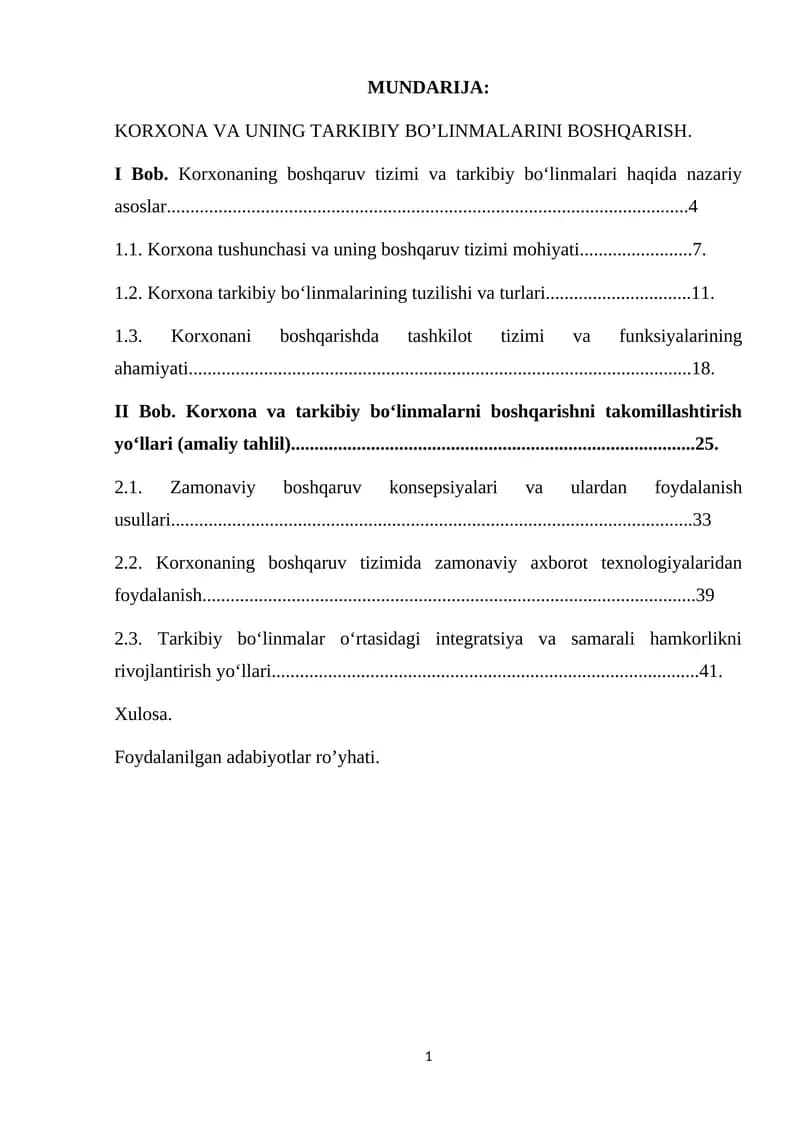 Korxona va uning tarkibiy bo’linmalarini boshqarish