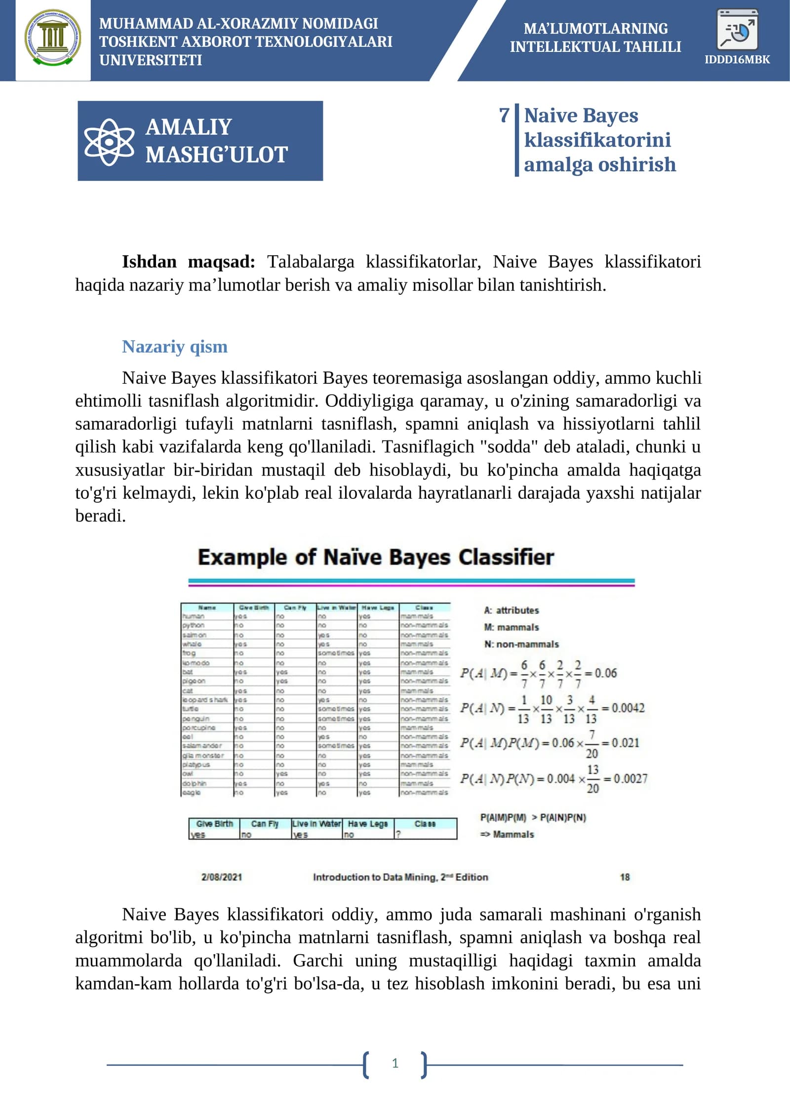 Naive Bayes klassifikatorini amalga oshirish