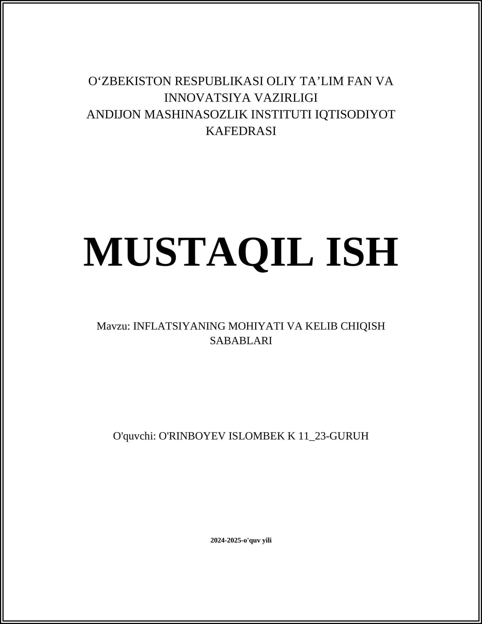 INFLATSIYANING MOHIYATI VA KELIB CHIQISH SABABLARI