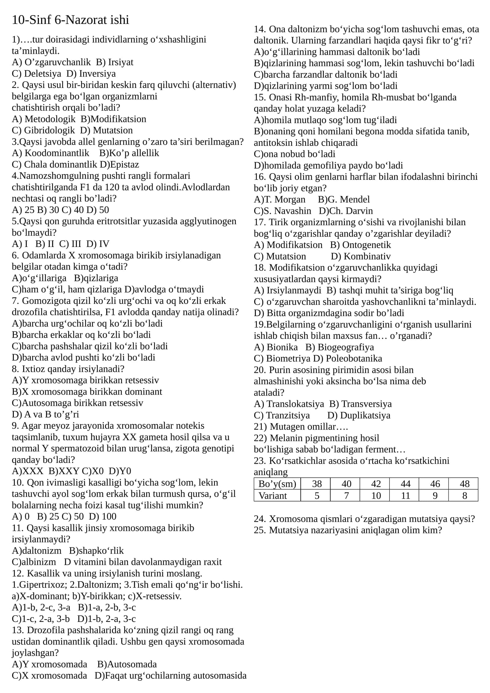 10-Sinf Biologiya 6-Nazorat ishi javobli