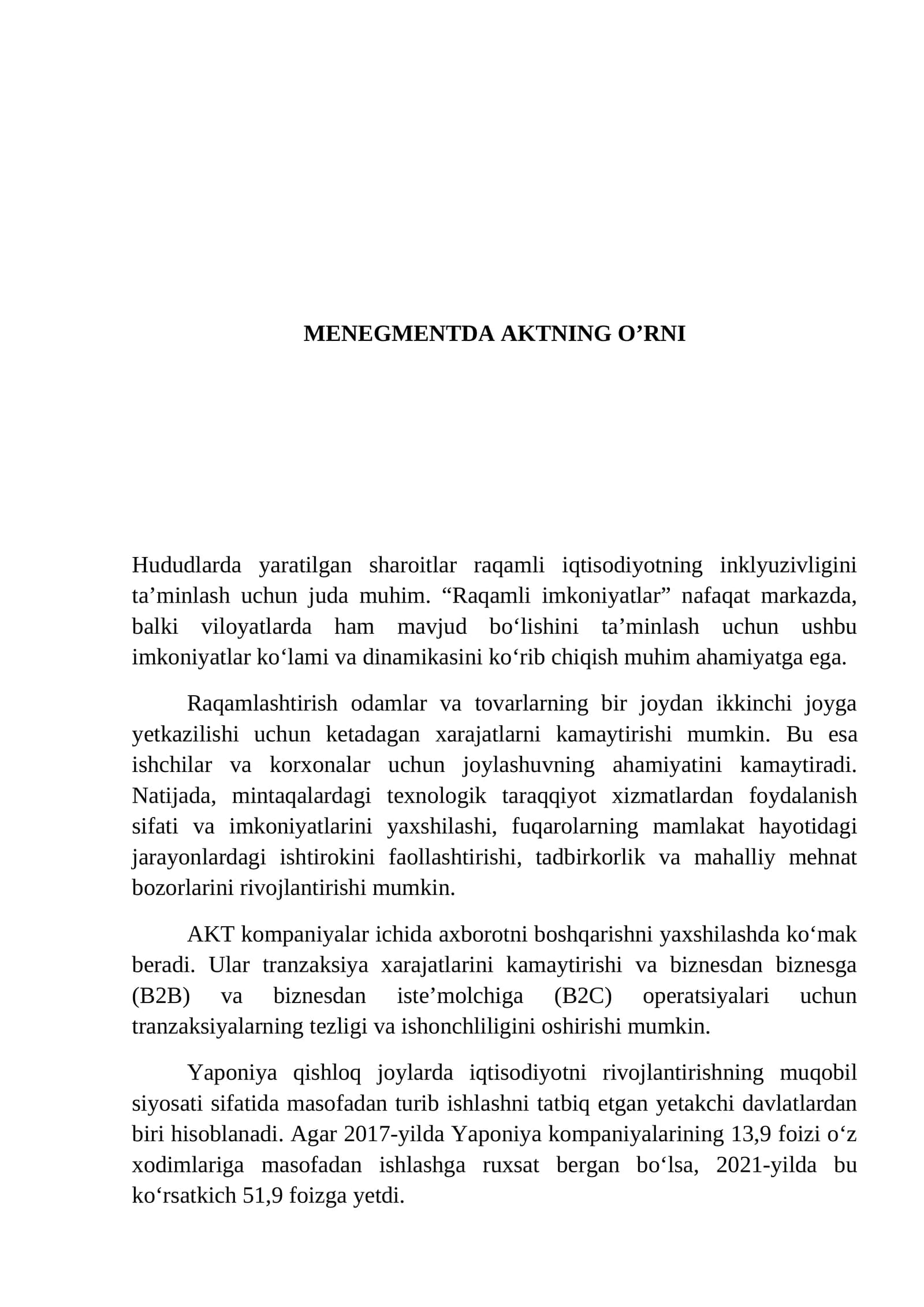 MENEGMENTDA AKTNING O’RNI