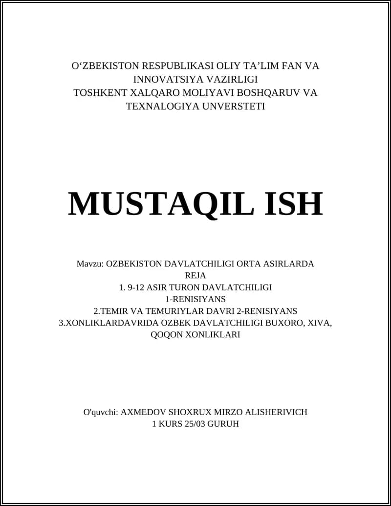 OZBEKISTON DAVLATCHILIGI ORTA ASIRLARDA