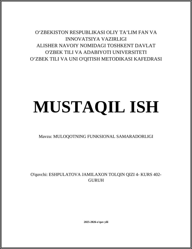 MULOQOTNING FUNKSIONAL SAMARADORLIGI