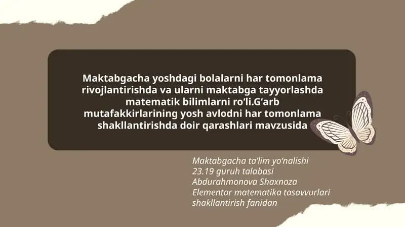 Elementar matematika tasavvurlari shakllantirish fanidan