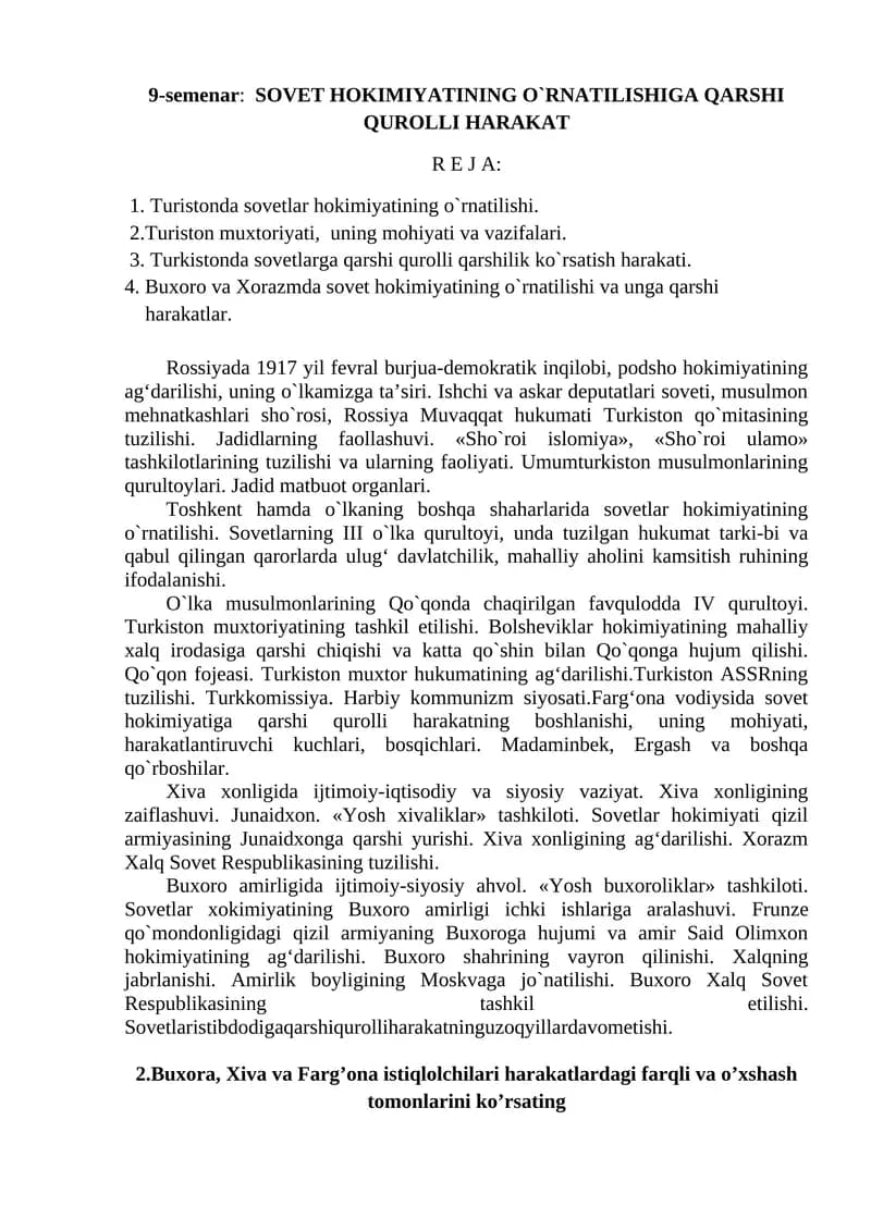 SOVET HOKIMIYATINING O`RNATILISHIGA QARSHI QUROLLI HARAKAT