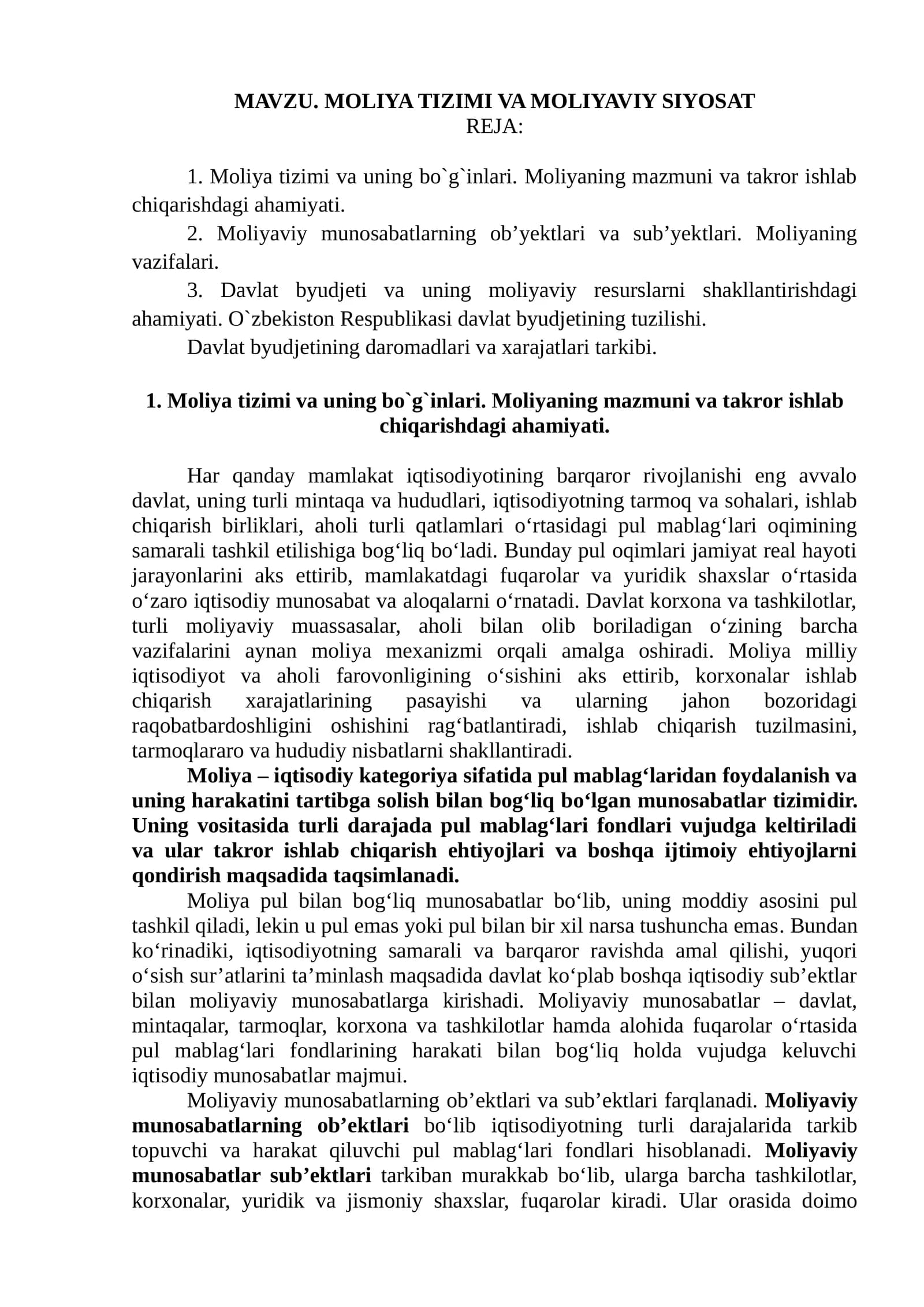 Moliya tizimi va moliyaviy siyosat