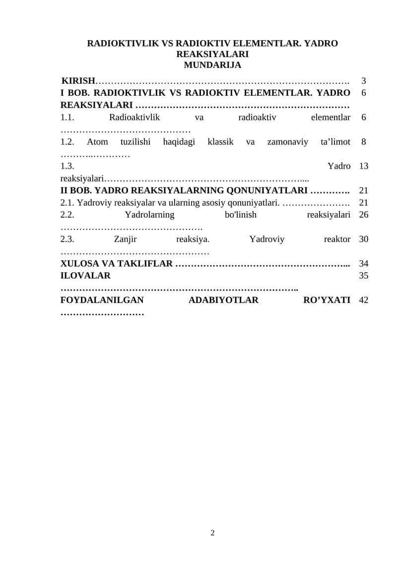 RADIOKTIVLIK VS RADIOKTIV ELEMENTLAR. YADRO REAKSIYALARI