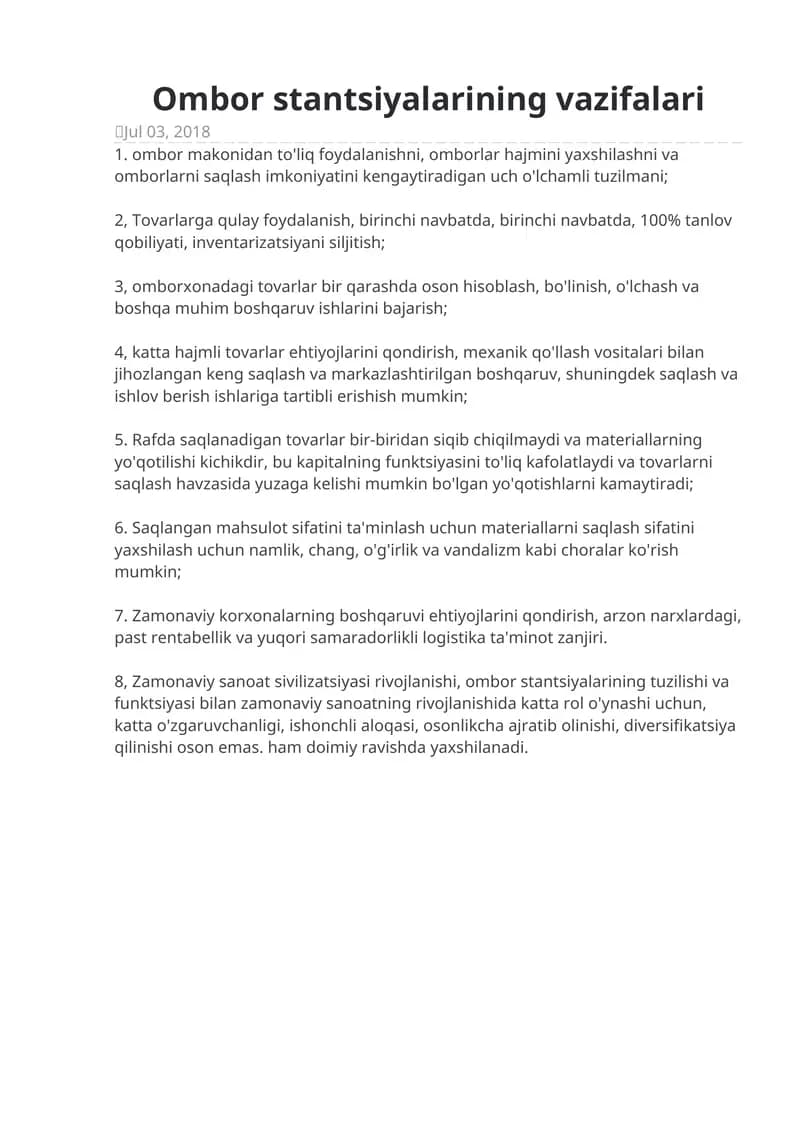 Ombor stantsiyalarining vazifalari
