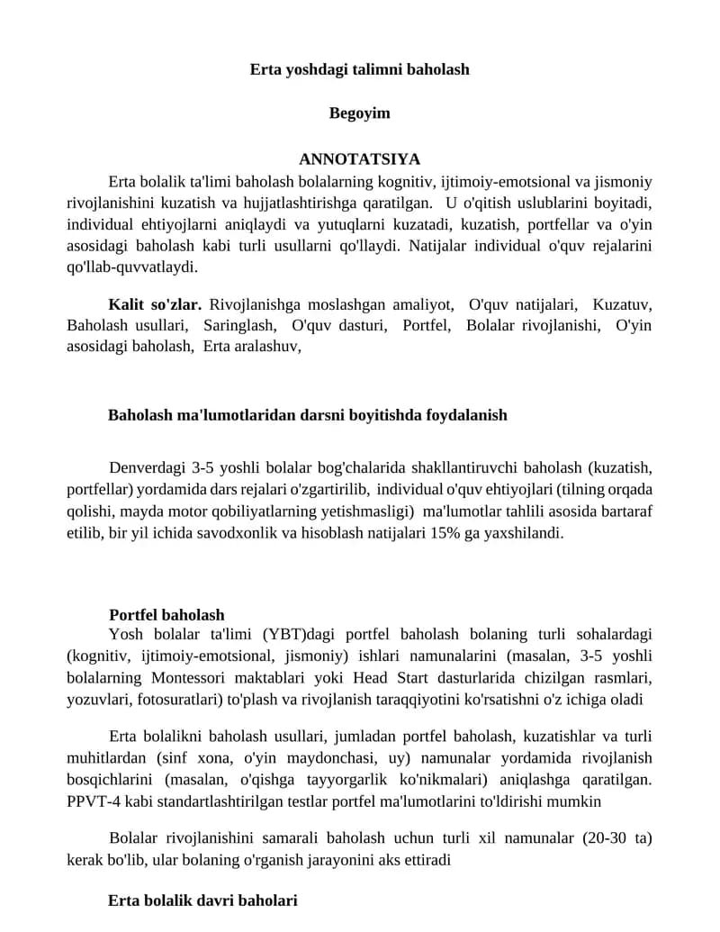 Erta yoshdagi talimni baholash