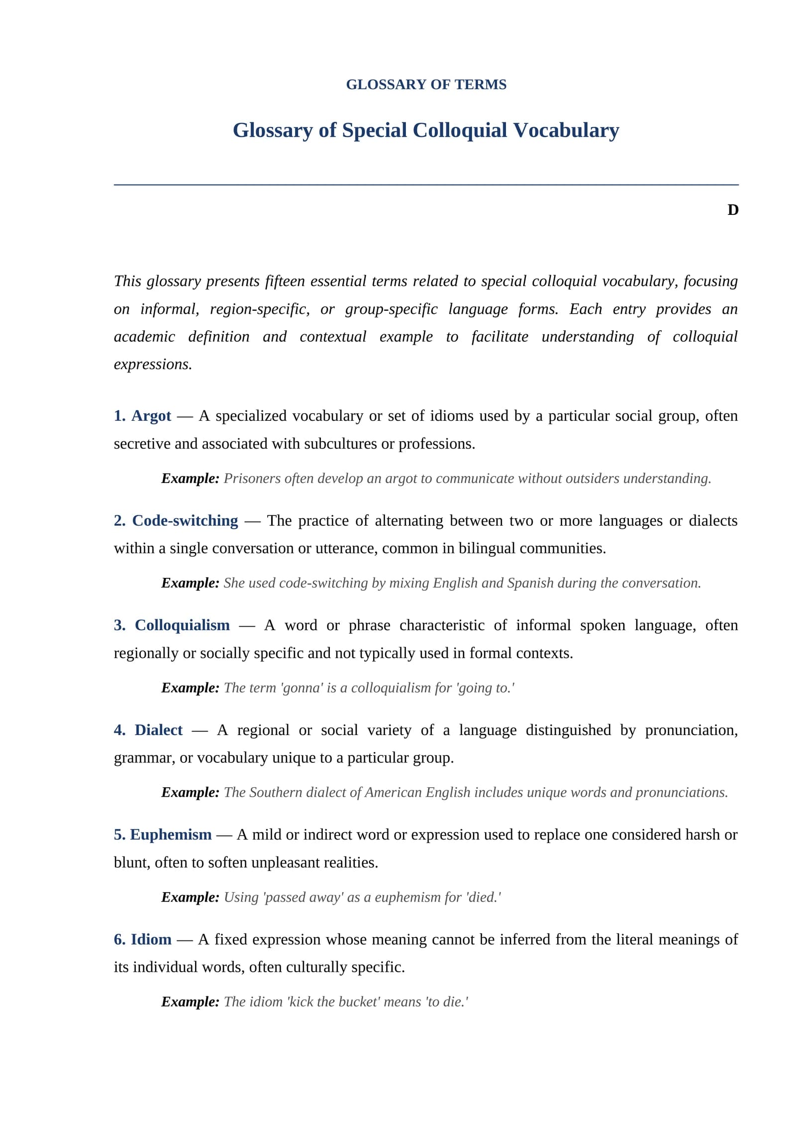 Glossary of Special Colloquial Vocabulary