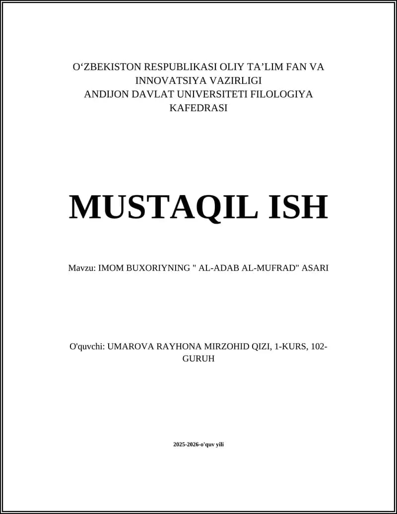 IMOM BUXORIYNING " AL-ADAB AL-MUFRAD" ASARI