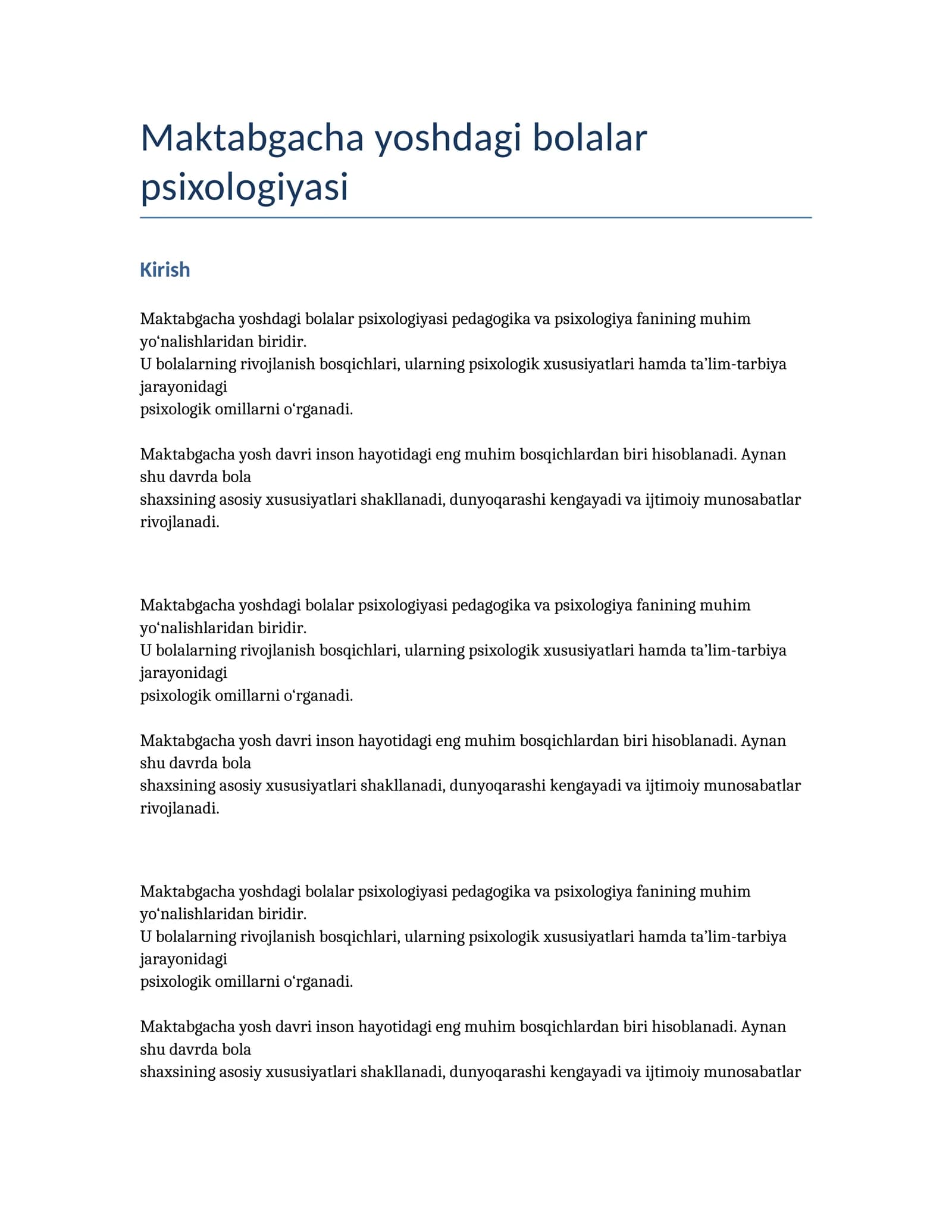 Maktabgacha bolalar psixologiyasi kurs-ishi