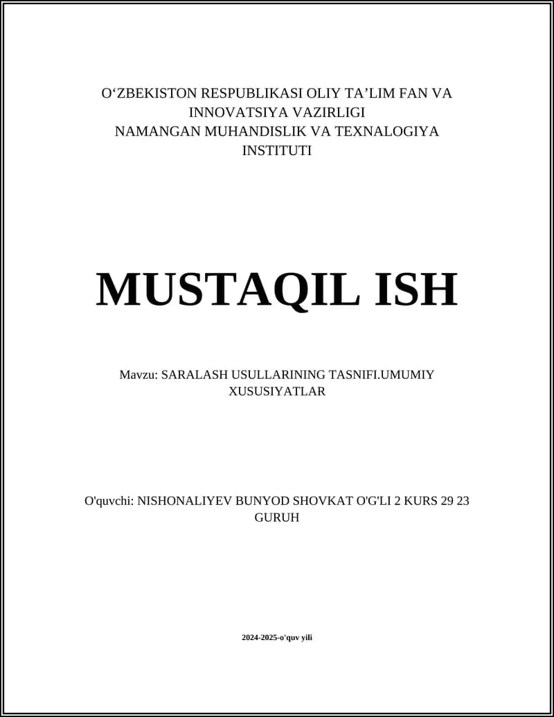 SARALASH USULLARINING TASNIFI.UMUMIY XUSUSIYATLAR