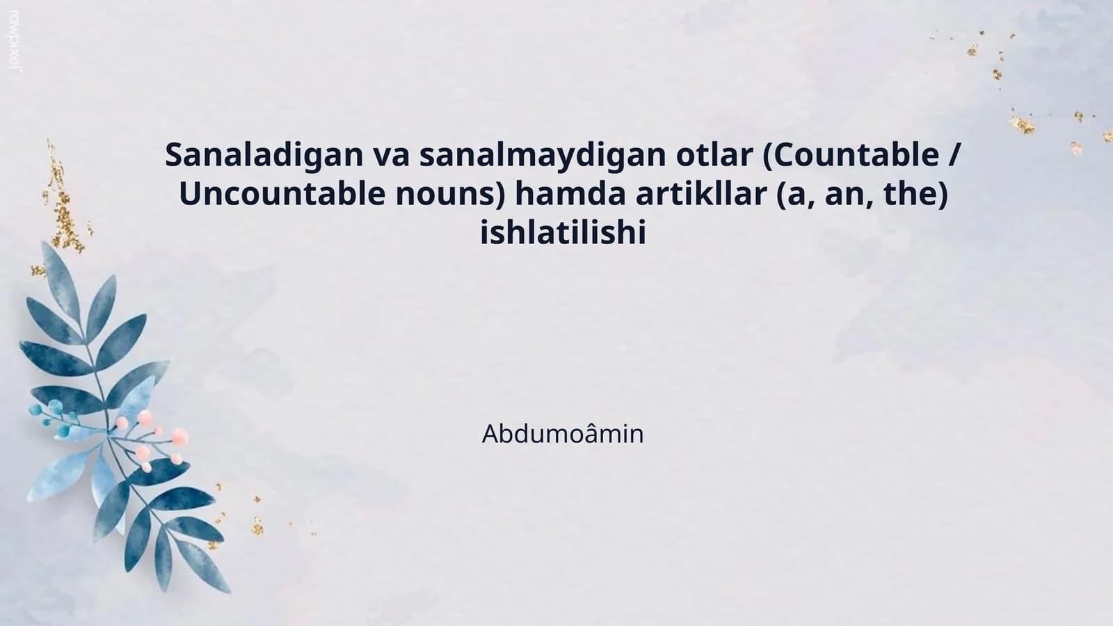 Sanaladigan va sanalmaydigan otlar (Countable / Uncountable nouns) hamda artikllar (a, an, the) ishlatilishi