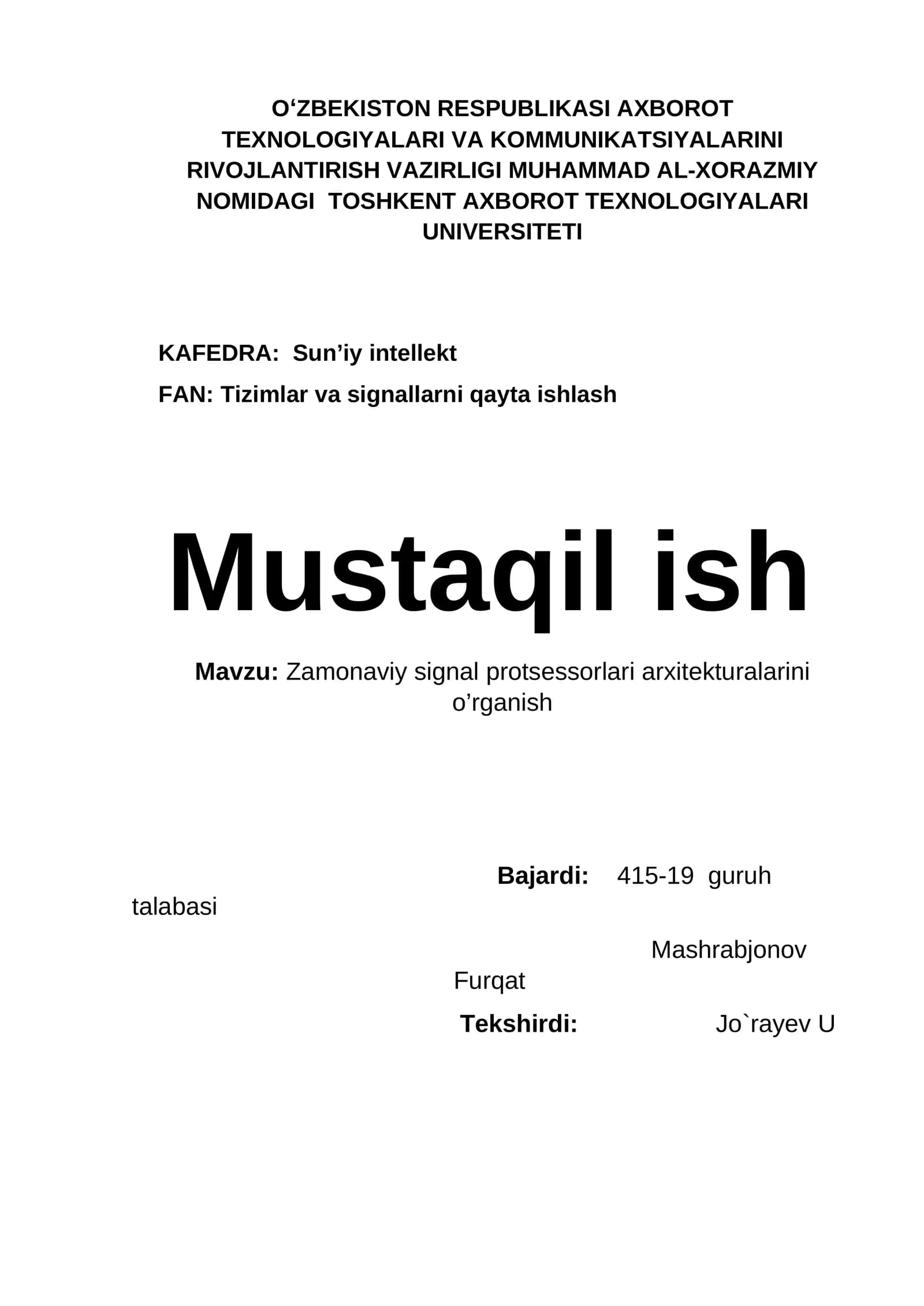 Zamonaviy signal protsessorlari arxitekturalarini o’rganish