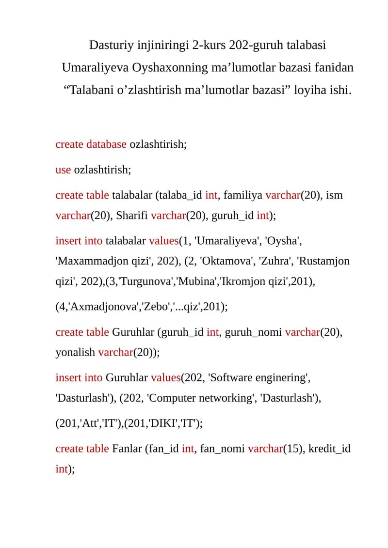 Talabani o’zlashtirish ma’lumotlar bazasi
