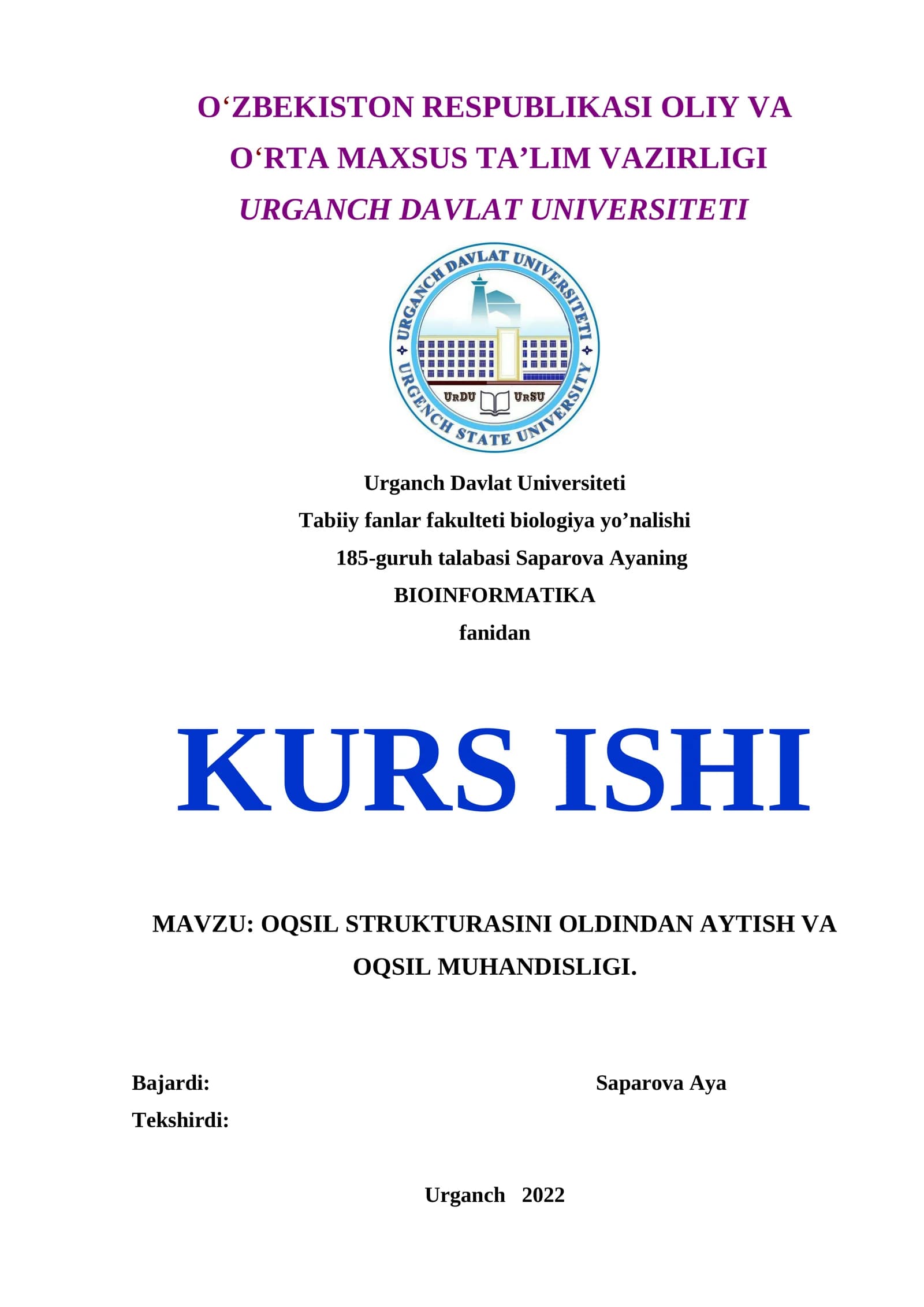 BIOINFORMATIKA KURS ISHI