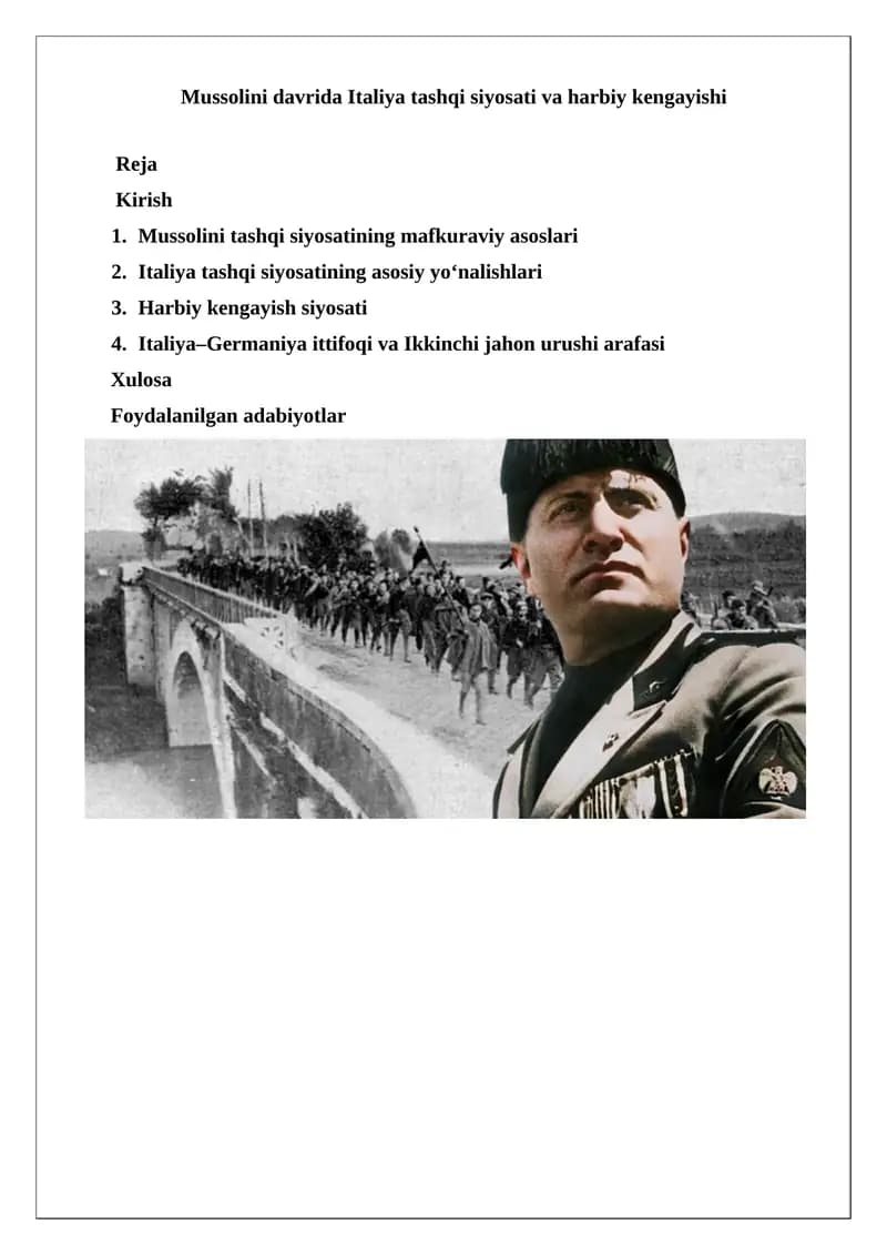 Mussolini davri Italiya tashqi siyosati va harbiy kengayishi