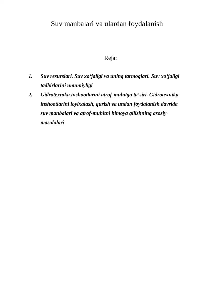 Suv manbalari va ulardan foydalanish