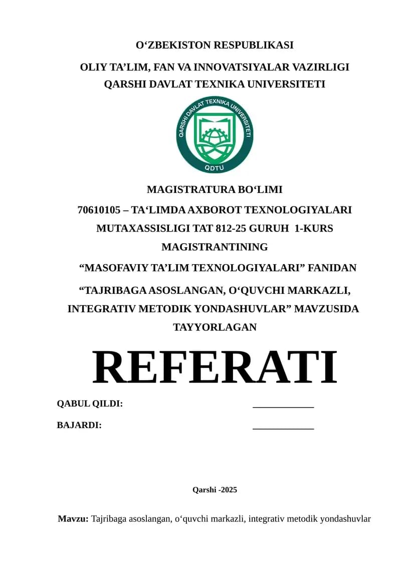 "MASOFAVIY TA’LIM TEXNOLOGIYALARI" REFERATI