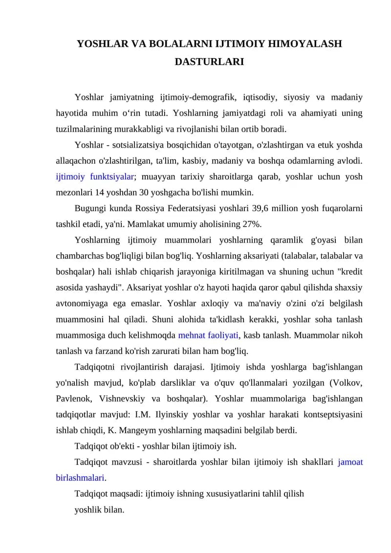 Yoshlar va bolalarni ijtimoiy himoyalash dasturlari