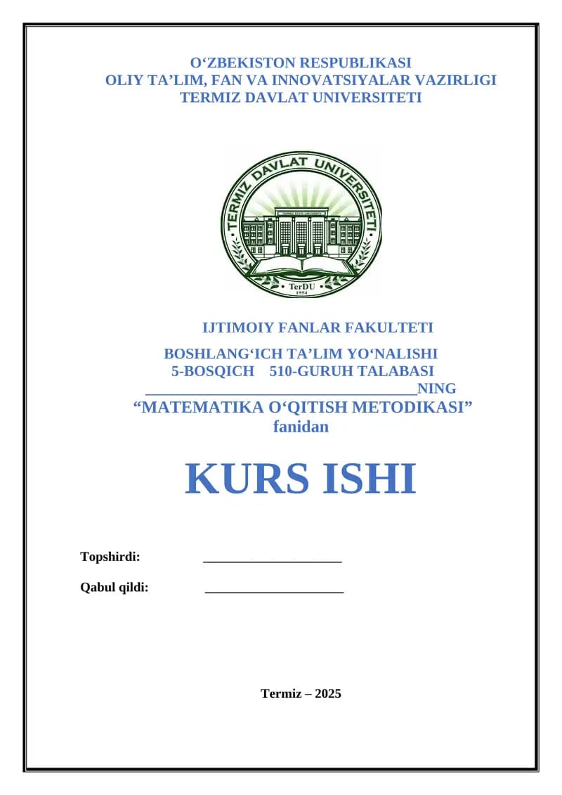 "MATEMATIKA O‘QITISH METODIKASI"