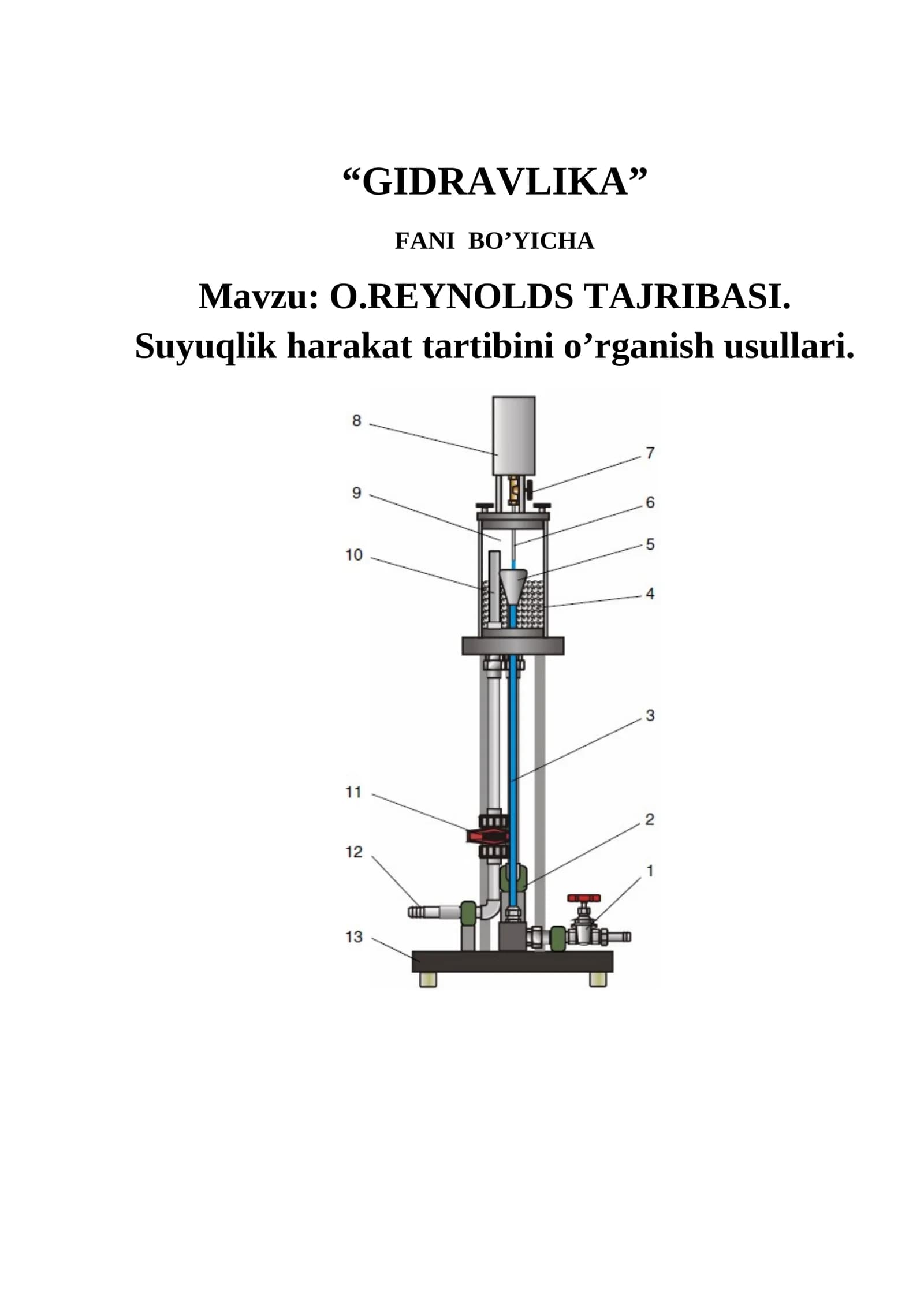 REYNOLDS TAJRIBASI. Suyuqlik harakat tartibini o’rganish usullari