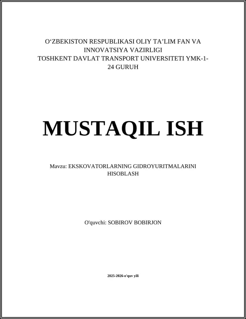 EKSKOVATORLARNING GIDROYURITMALARINI HISOBLASH